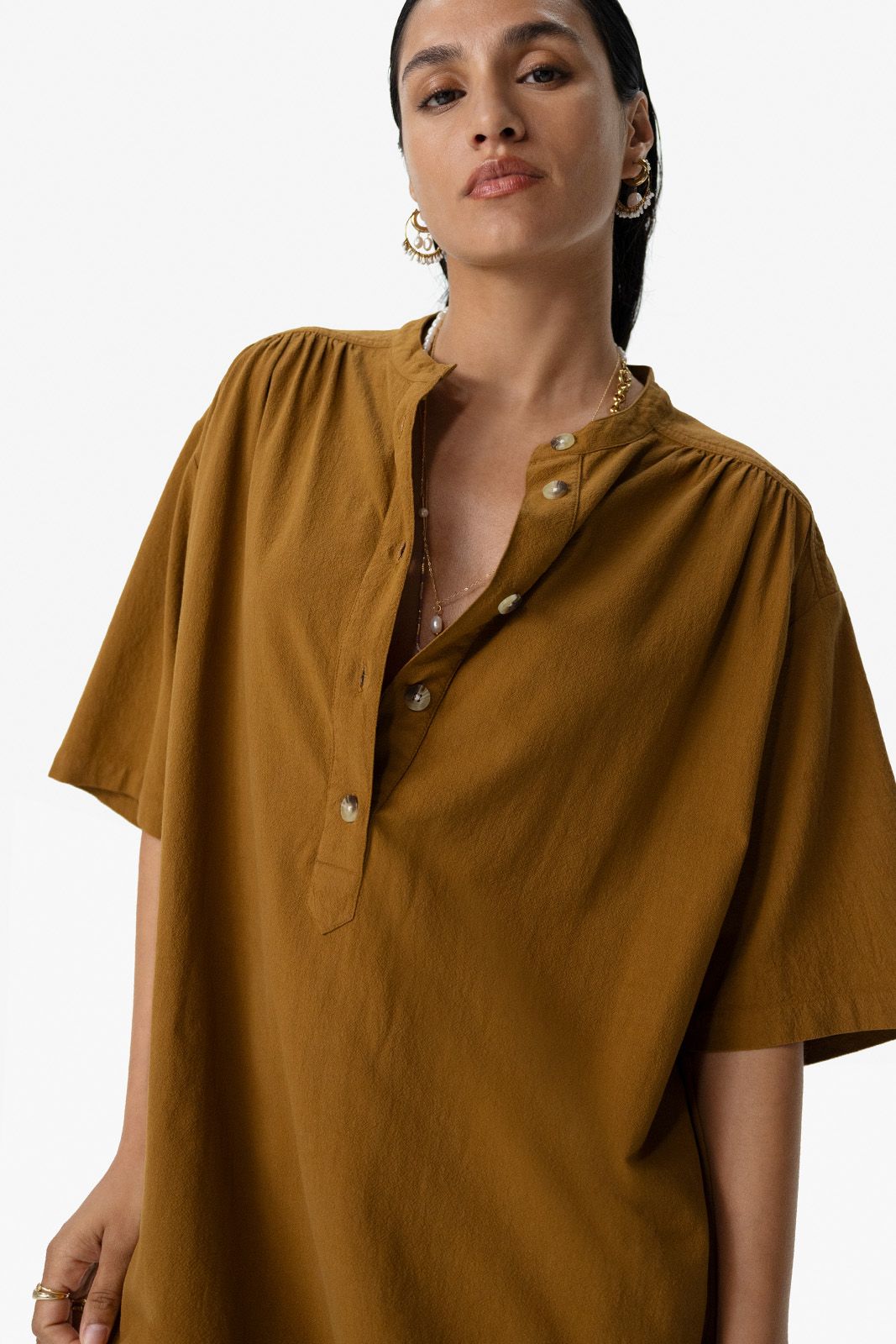 Goudbruine midi jurk