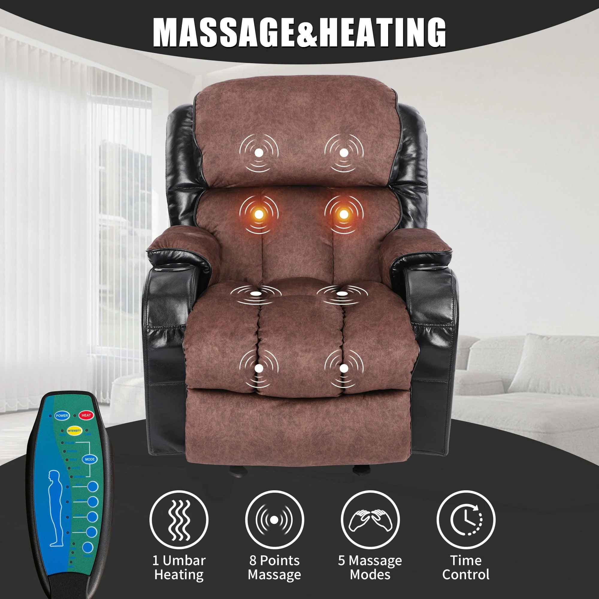 Leather Massage Recliner Chair, Modern Electric Power Rocker with Heated Massage, Ergonomic Lounge Chair, SEGMART Single Sofa Seat with Drink Holders for Living Room, Black and Brown