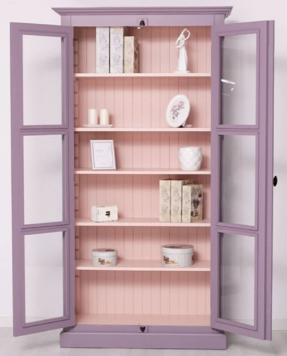 Country house style display cabinet purple / pink 109 x 40 x H. 210 cm - solid wood display cabinet with 2 glass doors - solid wood cabinet - solid wood furniture - country house style furniture