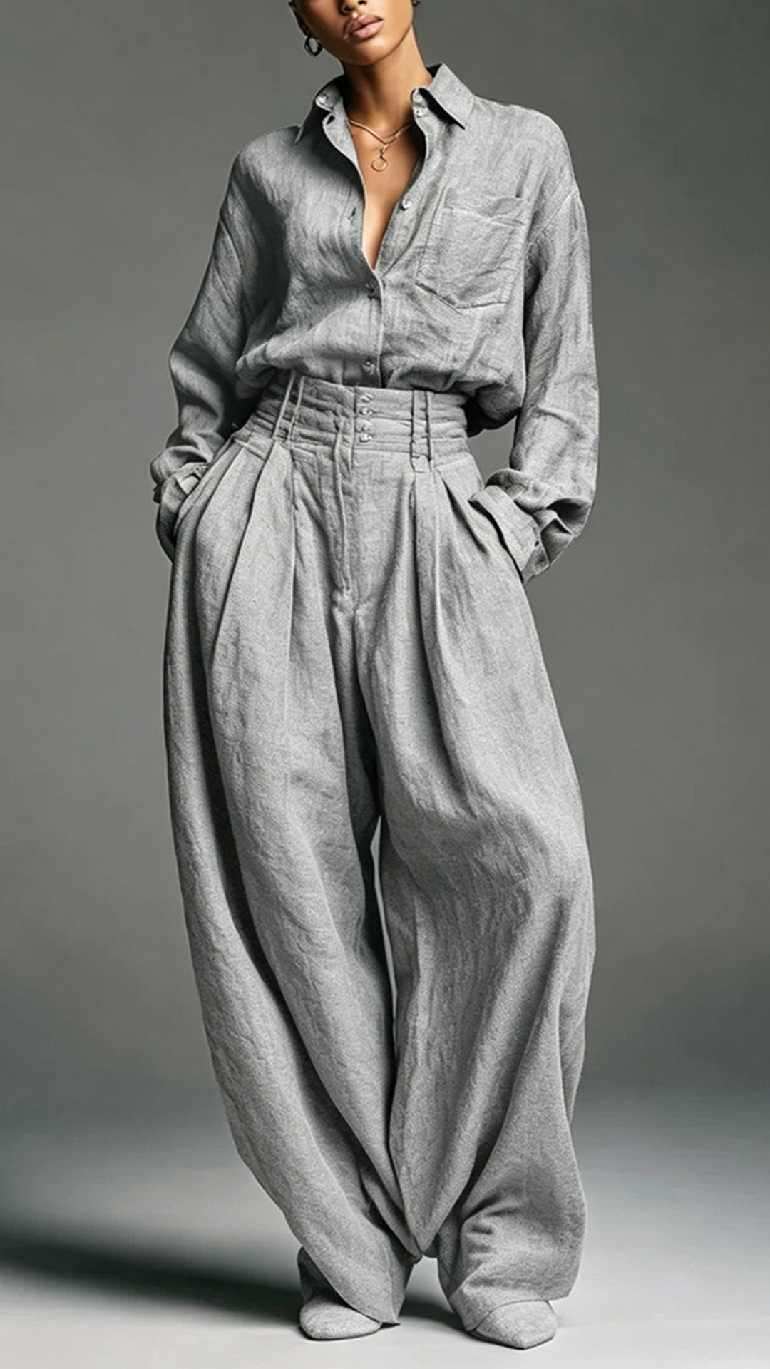 Women's Cotton-blend Lapel Long-sleeve Shirt & High-waist Wide-leg Pants Set - Nordfashionstorm - Women's Clothing, Fashion for You - Nordfashionstorm.com