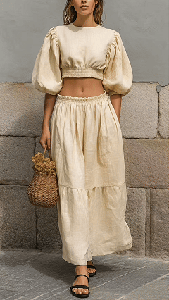Women's Cotton-Blend Puff-Sleeve Crop Top & Skirt Set - Nordfashionstorm - Women's Clothing, Fashion for You - Nordfashionstorm.com