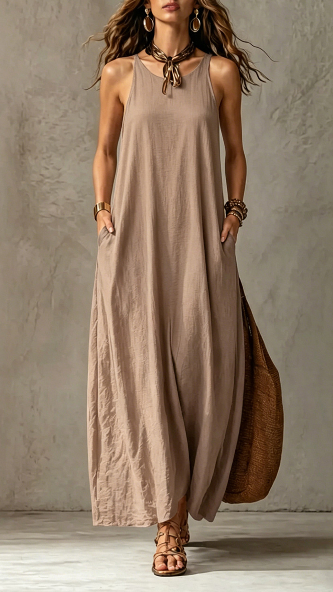 Women's Cotton‑blend Round‑neck Sleeveless Loose Draping Maxi Dress - Nordfashionstorm - Women's Clothing, Fashion for You - Nordfashionstorm.com