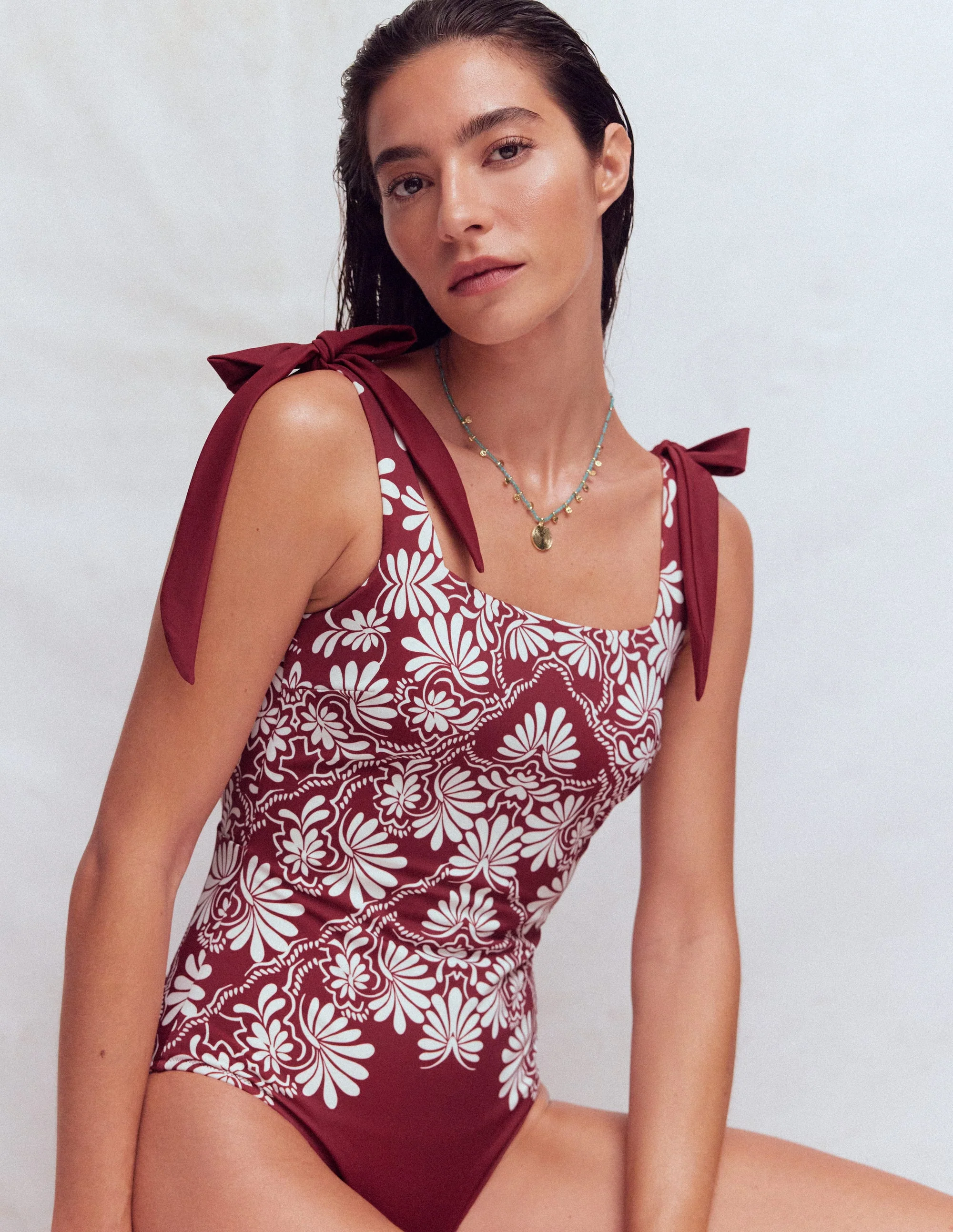 Badeanzug mit Schleife am Träger-Kastanienbraun, Botanischer Zauber