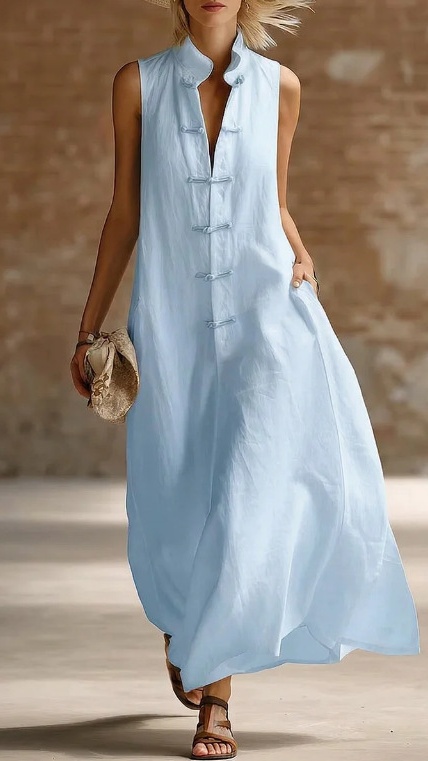 Women's Loose-Fit Stand-Collar Linen-Cotton Dress - Nordfashionstorm - Women's Clothing, Fashion for You - Nordfashionstorm.com