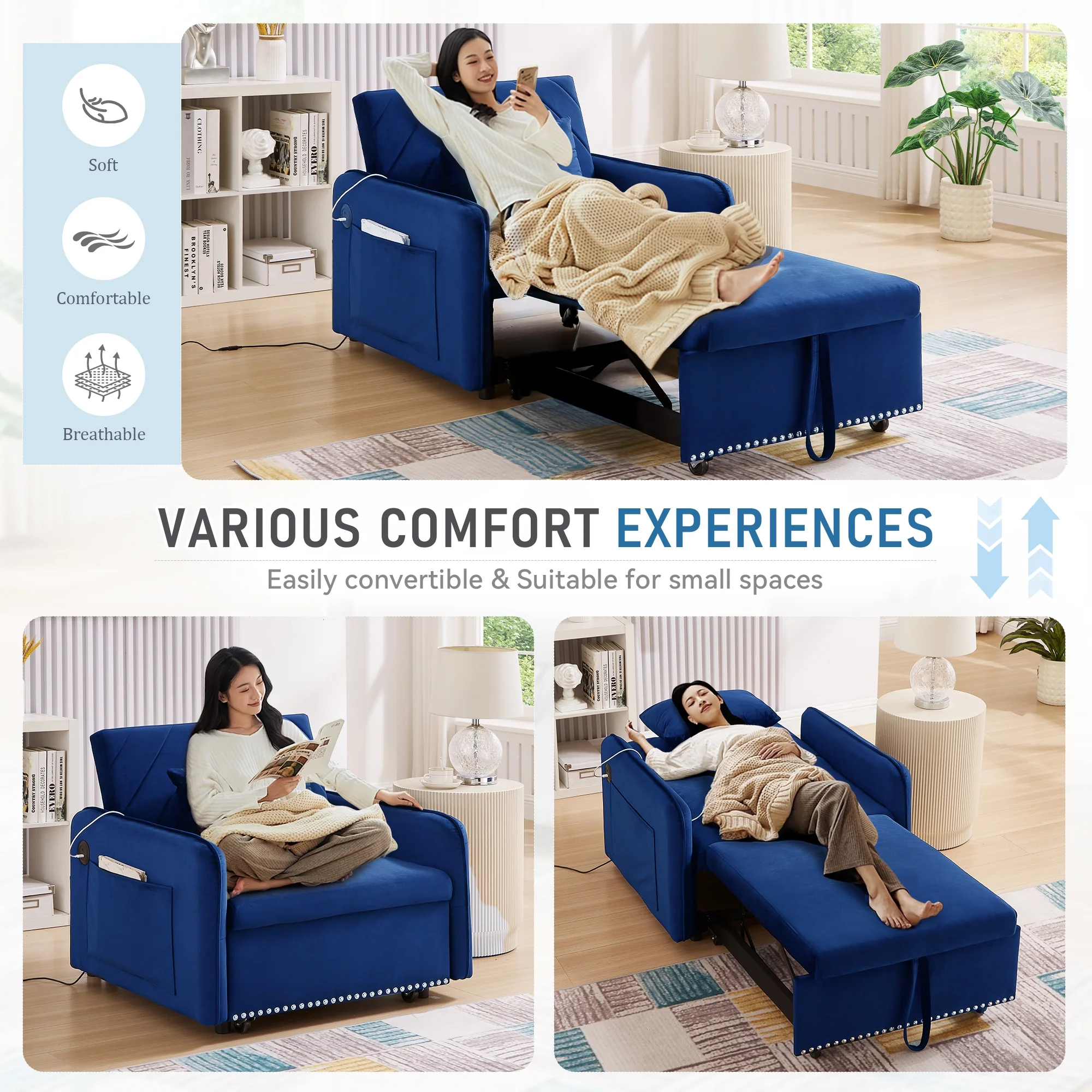Lunale 3 - in - 1 Convertible Sleeper Chair Bed, Indoor Lounge Chair with USB/Type - C Charging Ports, Modern Recliner Sofa for Living Room, Gray Velvet