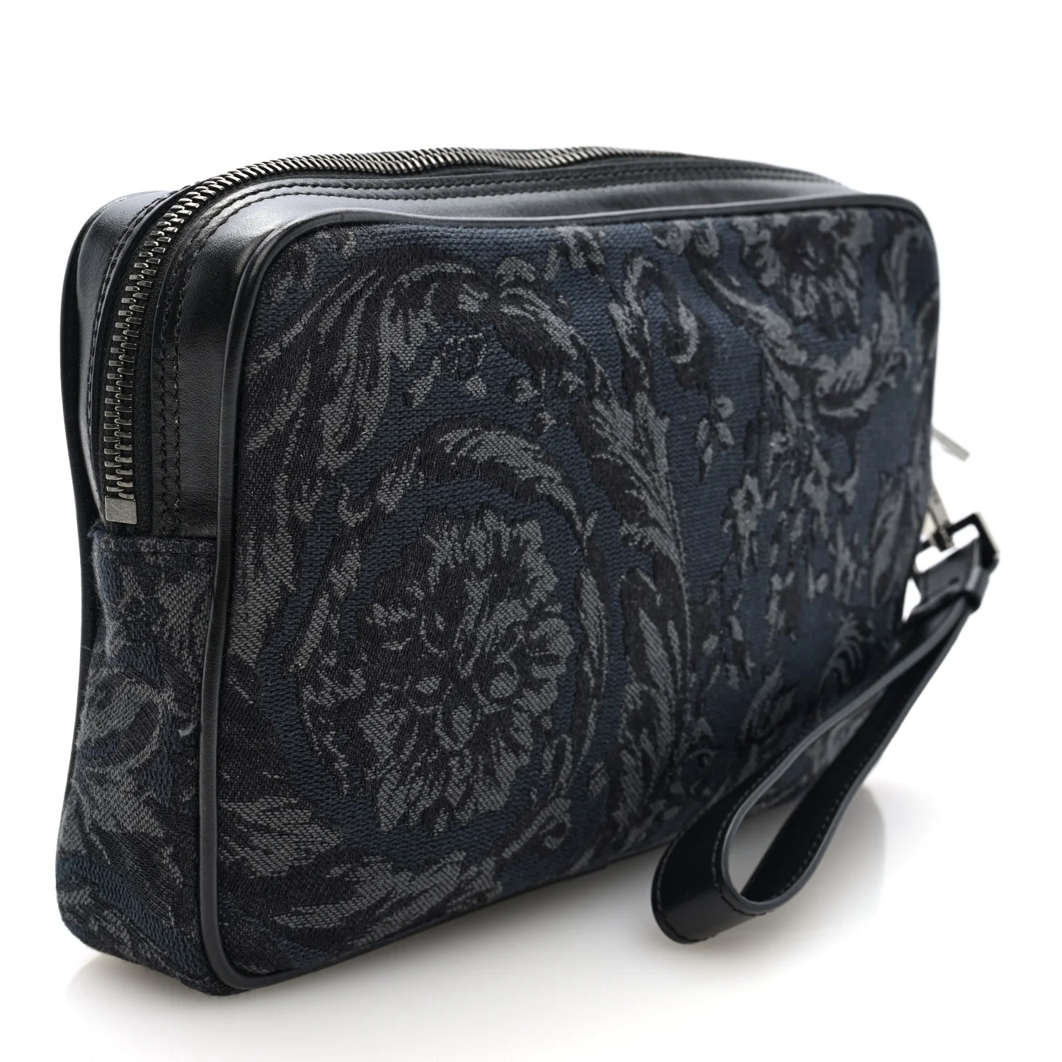 Fabric Jacquard Calfskin Barocco Wristlet Pouch Black - Top Club