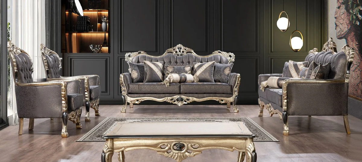 Luxury Baroque Living Room Set Purple / Antique Gold / Black - 2 Baroque Sofas & 2 Baroque Armchairs & 1 Baroque Coffee Table - Luxury Living Room Furniture in Baroque Style - Baroque Furniture