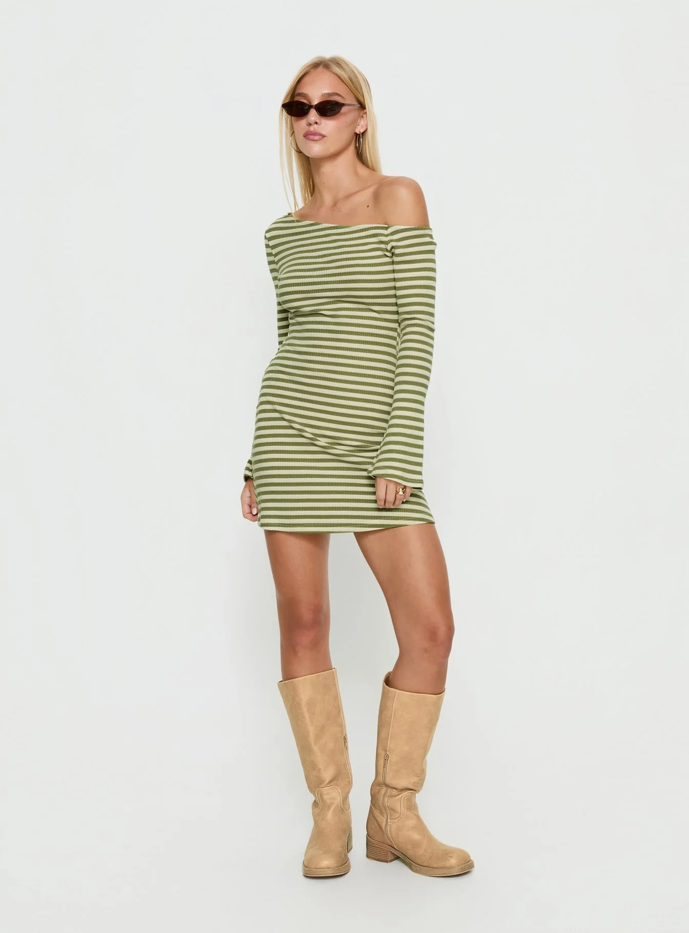 Adrietta Long Sleeve Off Shoulder Mini Dress Cream / Matcha Stripe