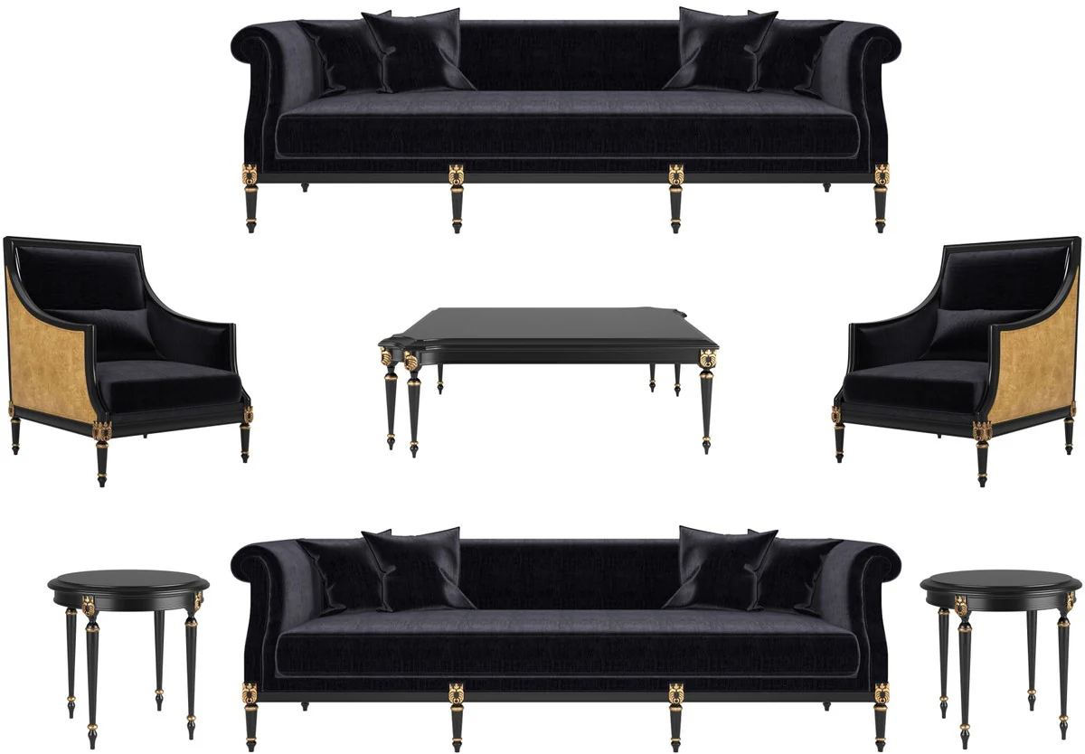Luxury Baroque Living Room Set Black / Gold / Antique Gold - 2 Sofas & 2 Armchairs & 1 Coffee Table & 2 Side Tables - Furniture in Baroque Style - Noble Baroque Living Room Furniture