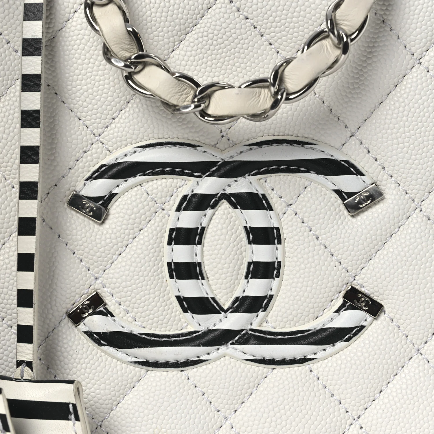 Caviar Quilted Striped Medium CC Filigree Vanity Case White Black - Top Club