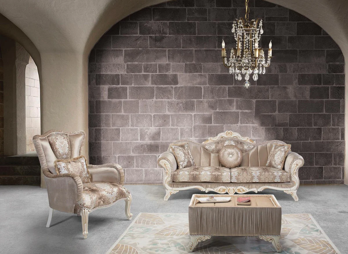 Luxury baroque living room set beige / white / gold - 2 sofas & 2 armchairs & 1 side table - magnificent living room furniture in baroque style