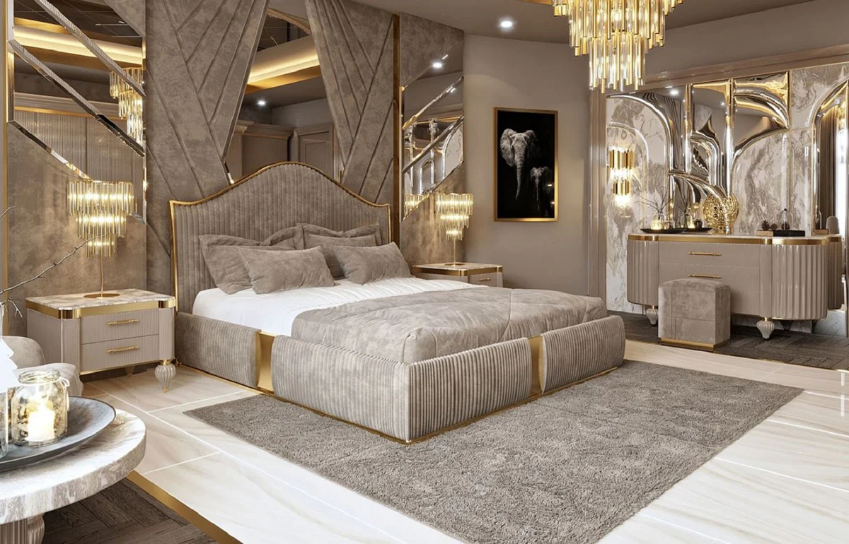Luxury Art Deco double bed gray / gold - noble solid wood bed with headboard - Art Deco bedroom & hotel furniture - luxury collection
