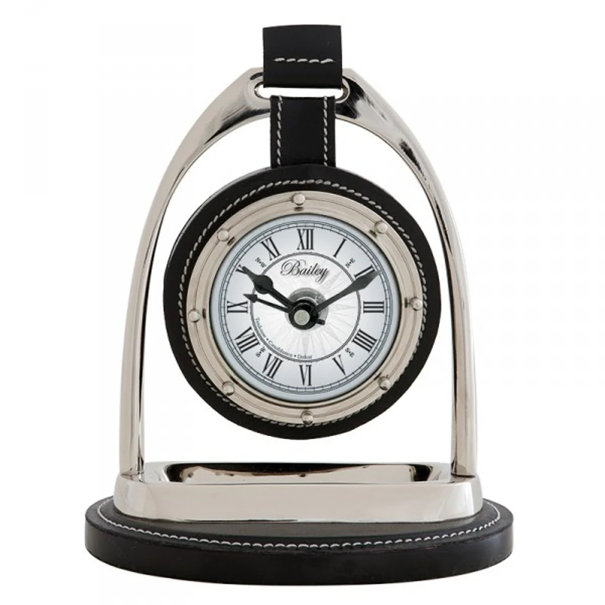 Designer luxury vintage table clock Horsebit nickel / leather black 17 x 12.5 x H. 21 cm - noble & magnificent
