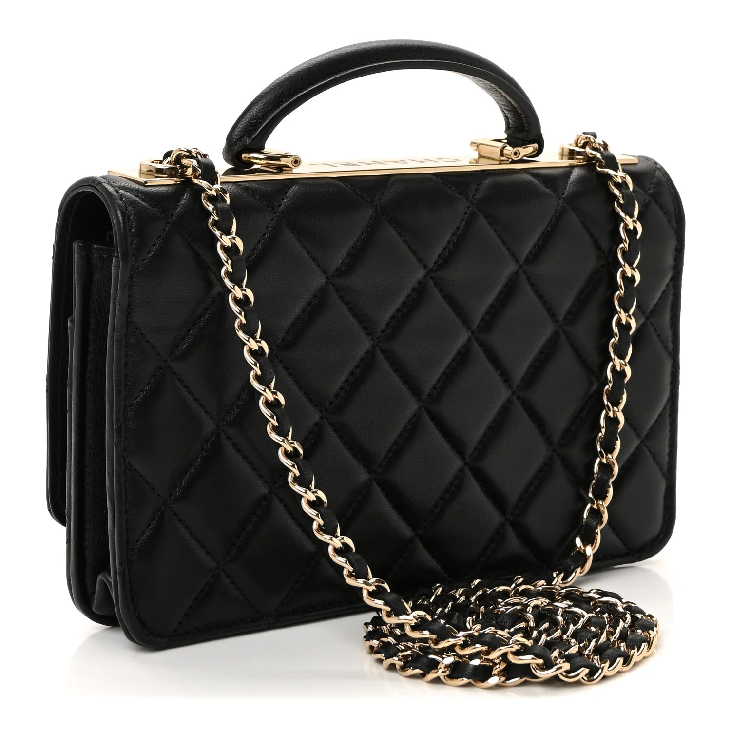Lambskin Quilted Top Handle Trendy CC Wallet On Chain WOC Black - Top Club