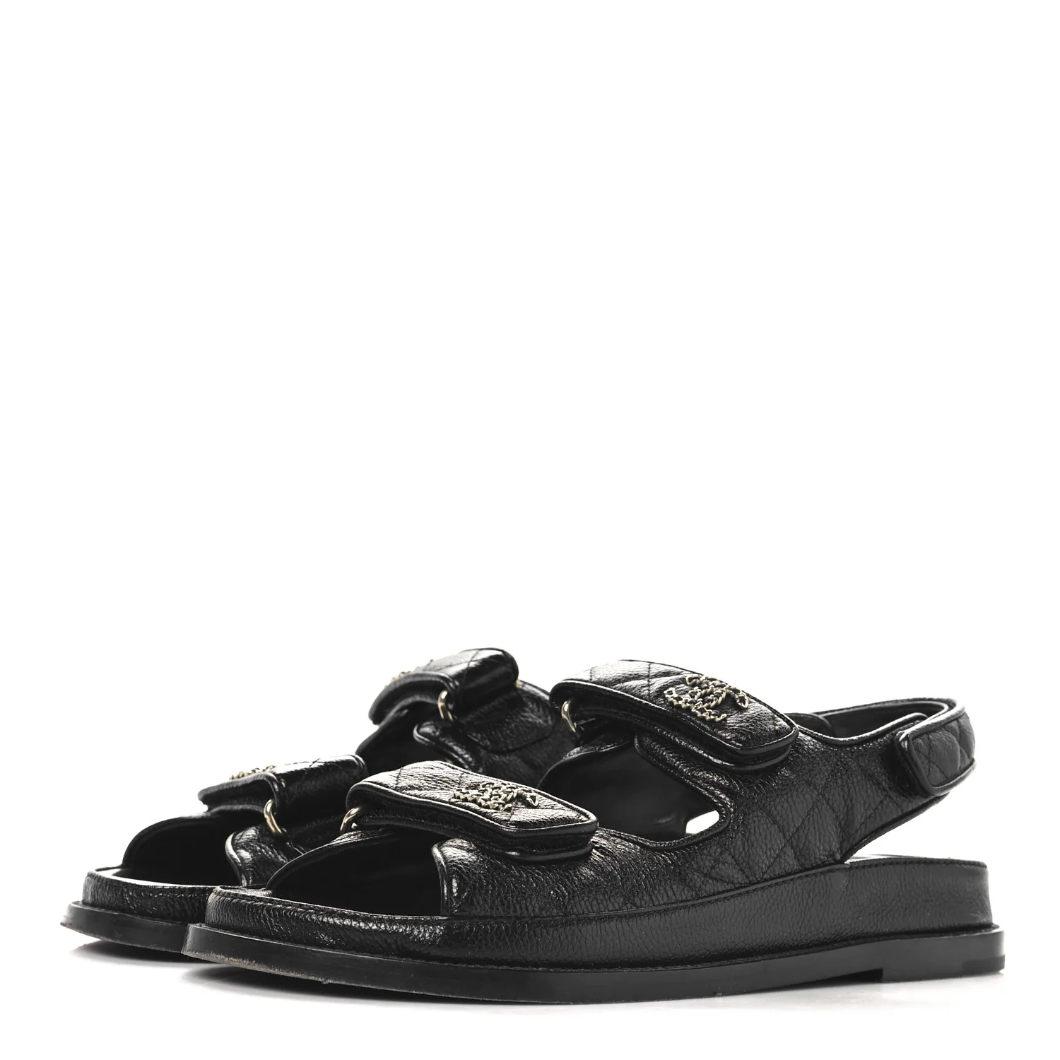 Grained Calfskin Velcro Dad Sandals 38 Black - Top Club