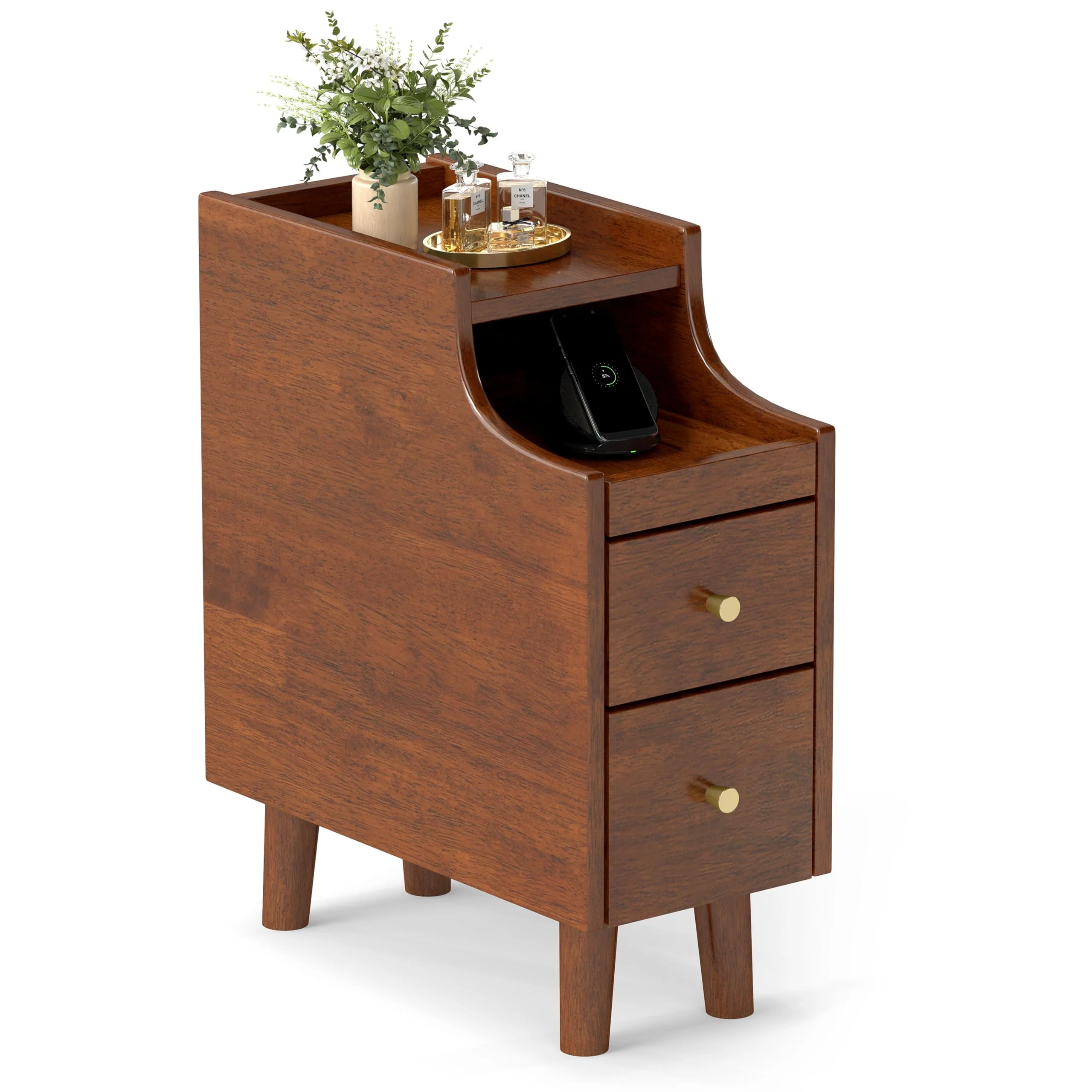 BEFOUNDLOVELY Narrow Nightstand with Pull-Out Tray & 2 Storage Drawers