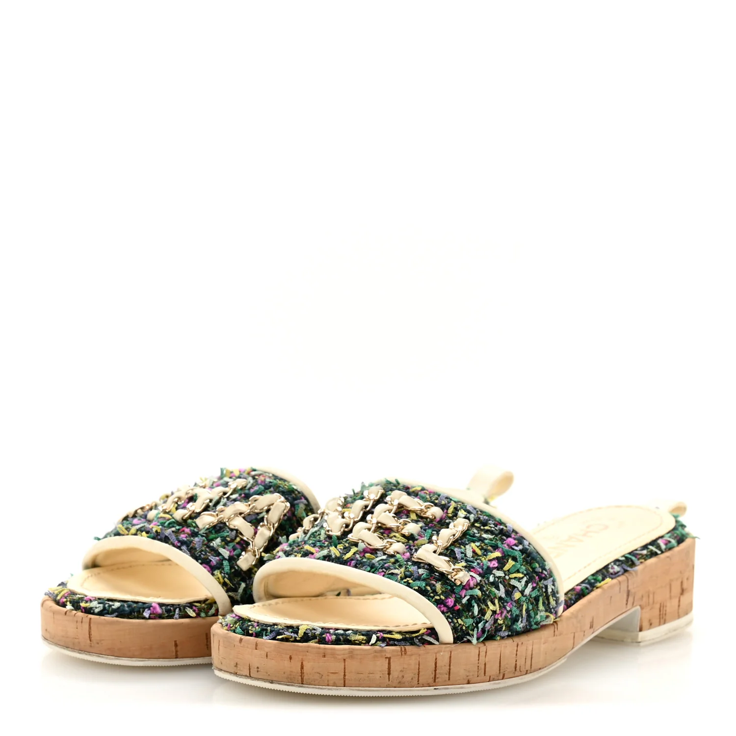 Tweed Cork CC Chain Mule Sandal 36.5 Green Multicolor - Top Club