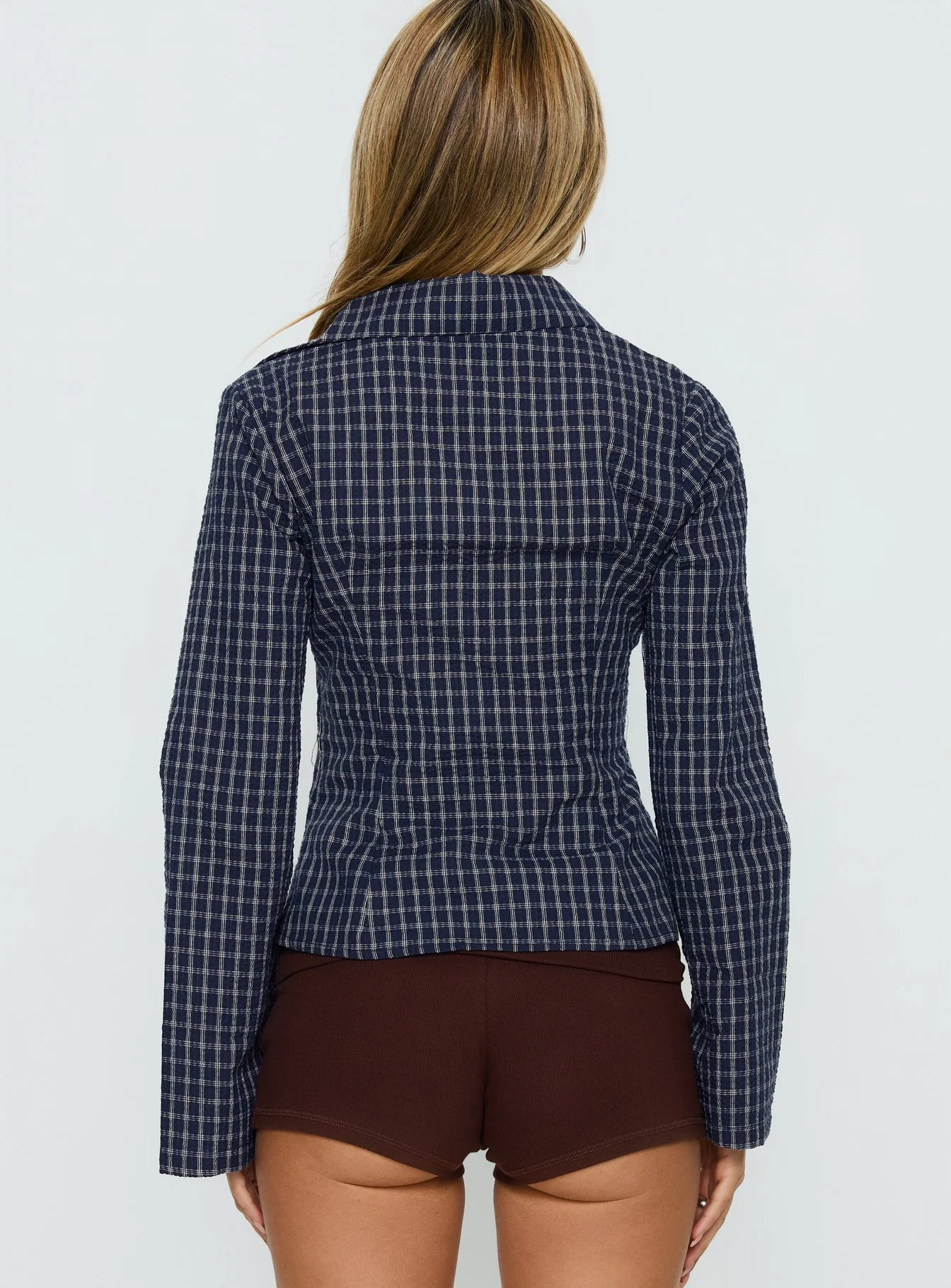 Cottesloe Long Sleeve Blouse Top Navy Check