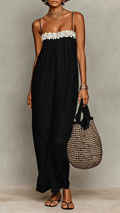 Women's Minimalist Linen-Blend Lace-Paneled Strapless With Spaghetti Straps Maxi Dress - Nordfashionstorm - Women's Clothing, Fashion for You - Nordfashionstorm.com