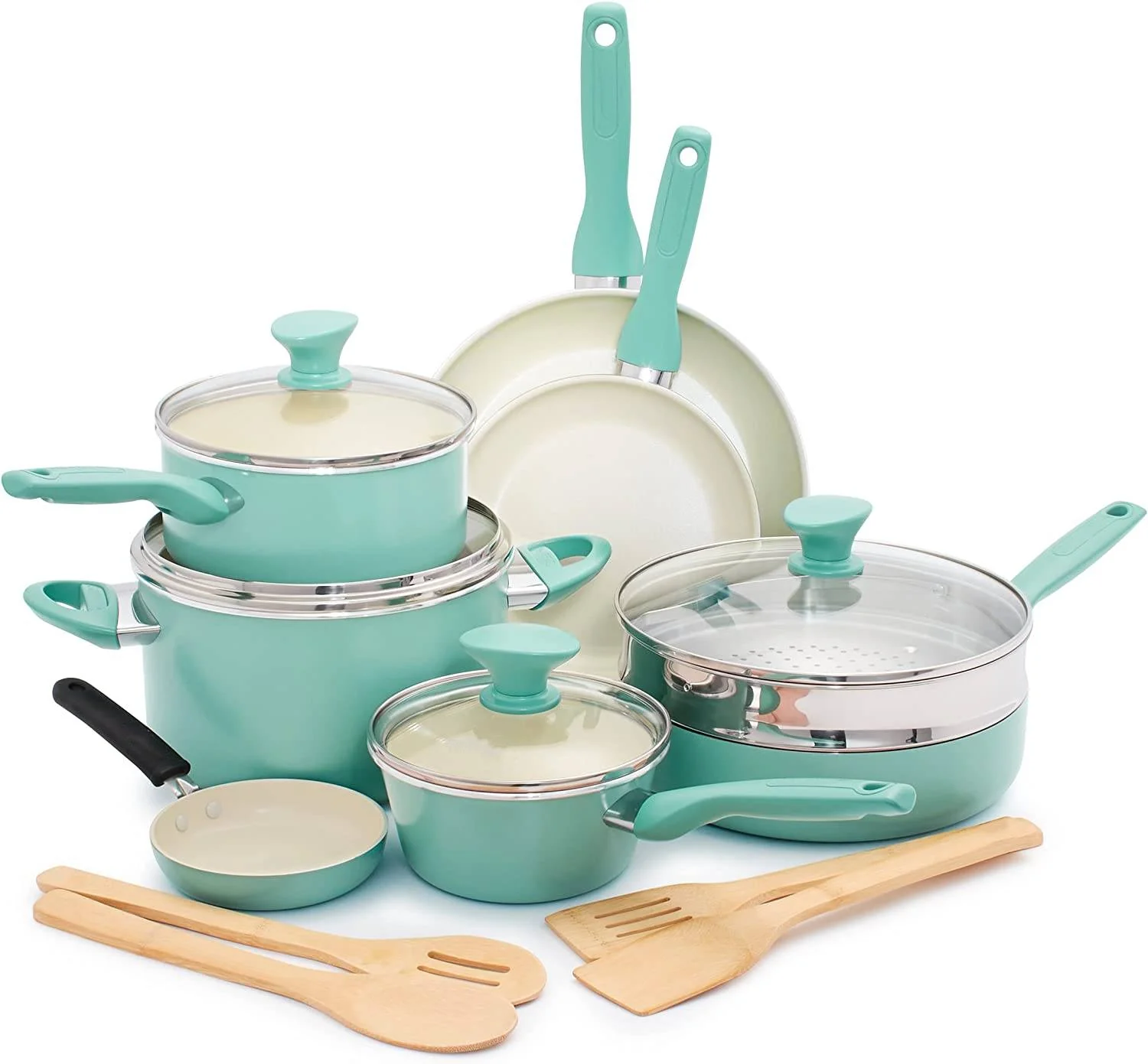Rio Healthy Ceramic Nonstick Cookware Set 16 Piece Pots and Pans PFAS Free Dishwasher Safe Turquoise