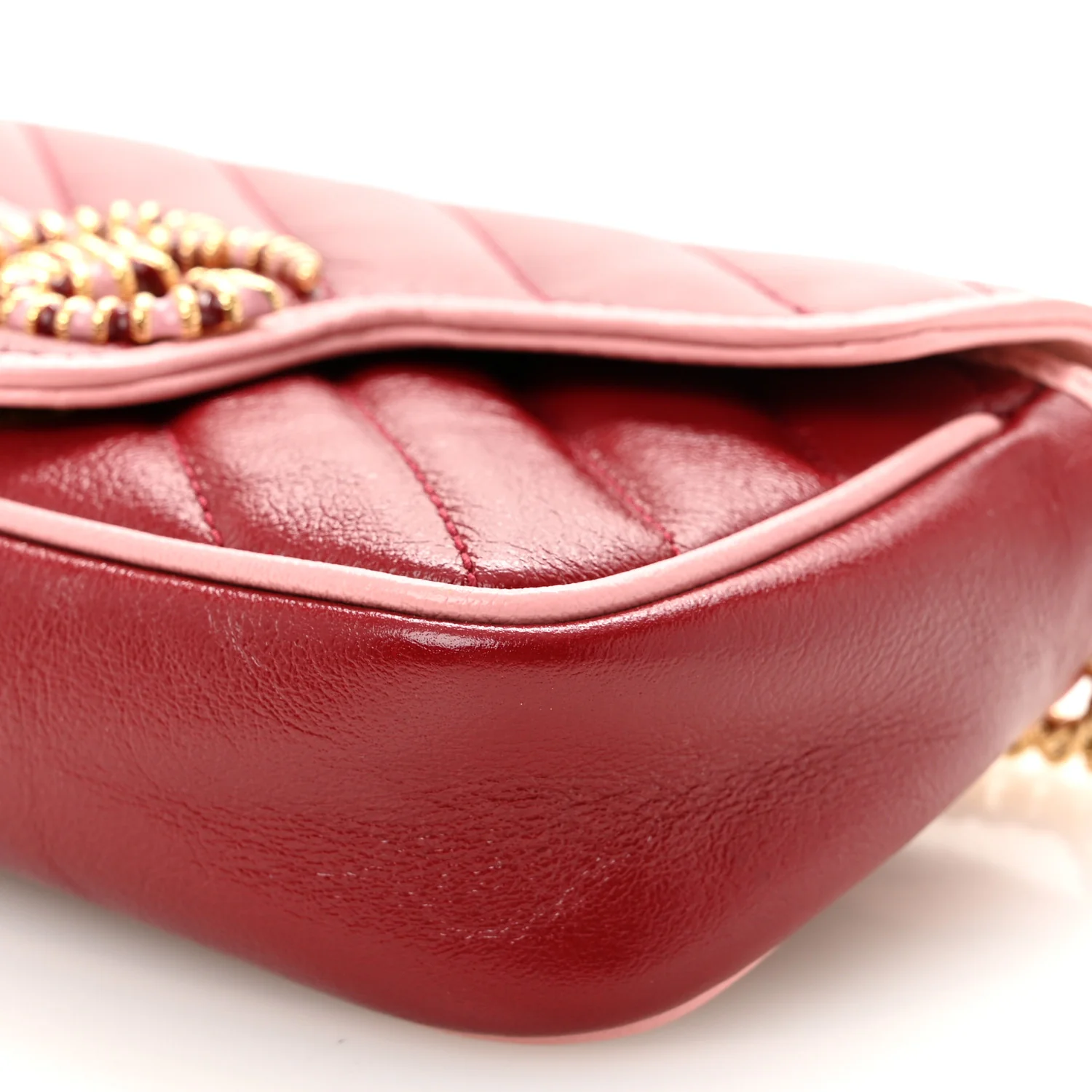 Azalea Calfskin Enamel Matelasse Diagonal Super Mini Torchon GG Marmont Shoulder Bag New Cherry Red Wild Rose - Top Club