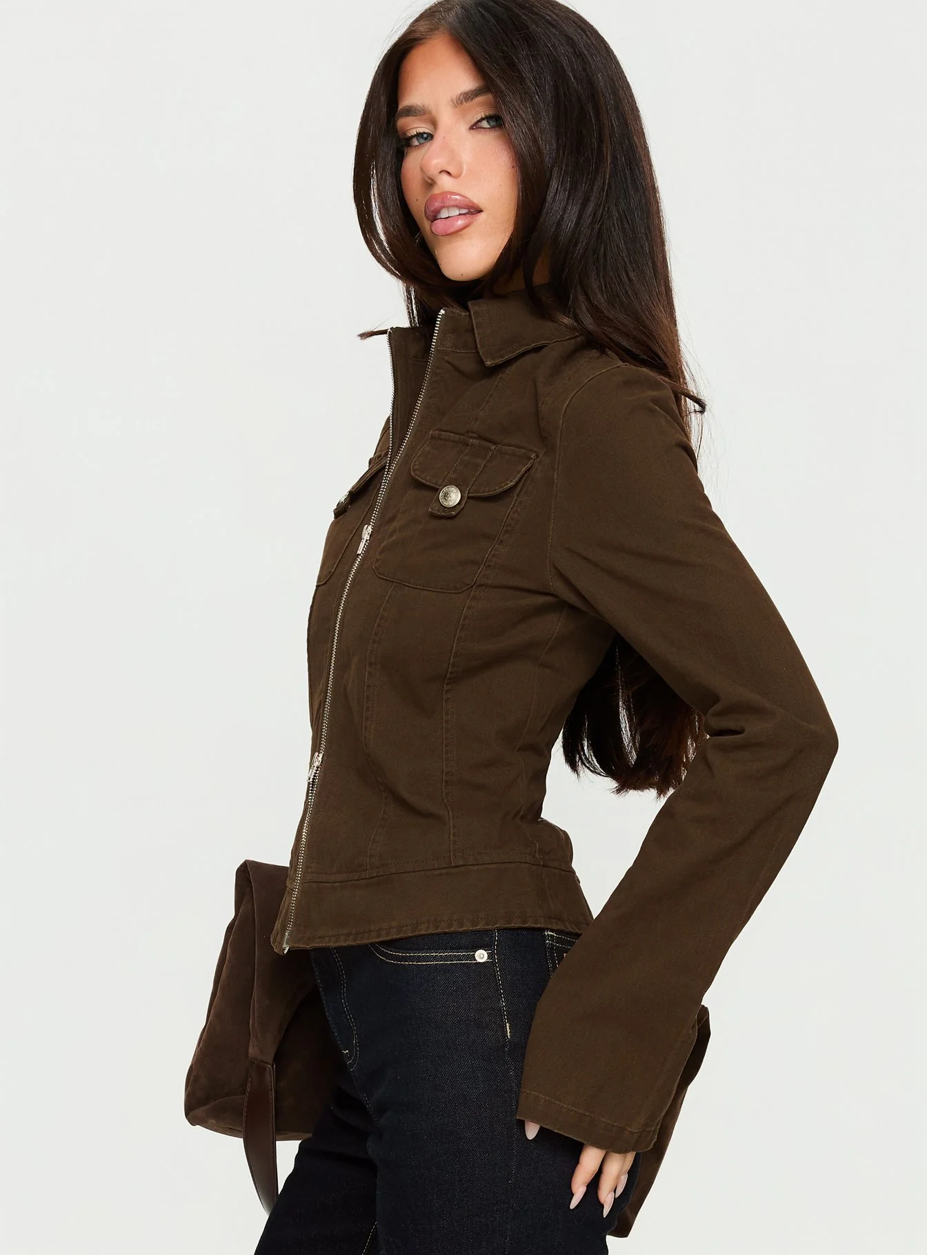 Kelehan Long Sleeve Zip Front Top Stonewashed Brown