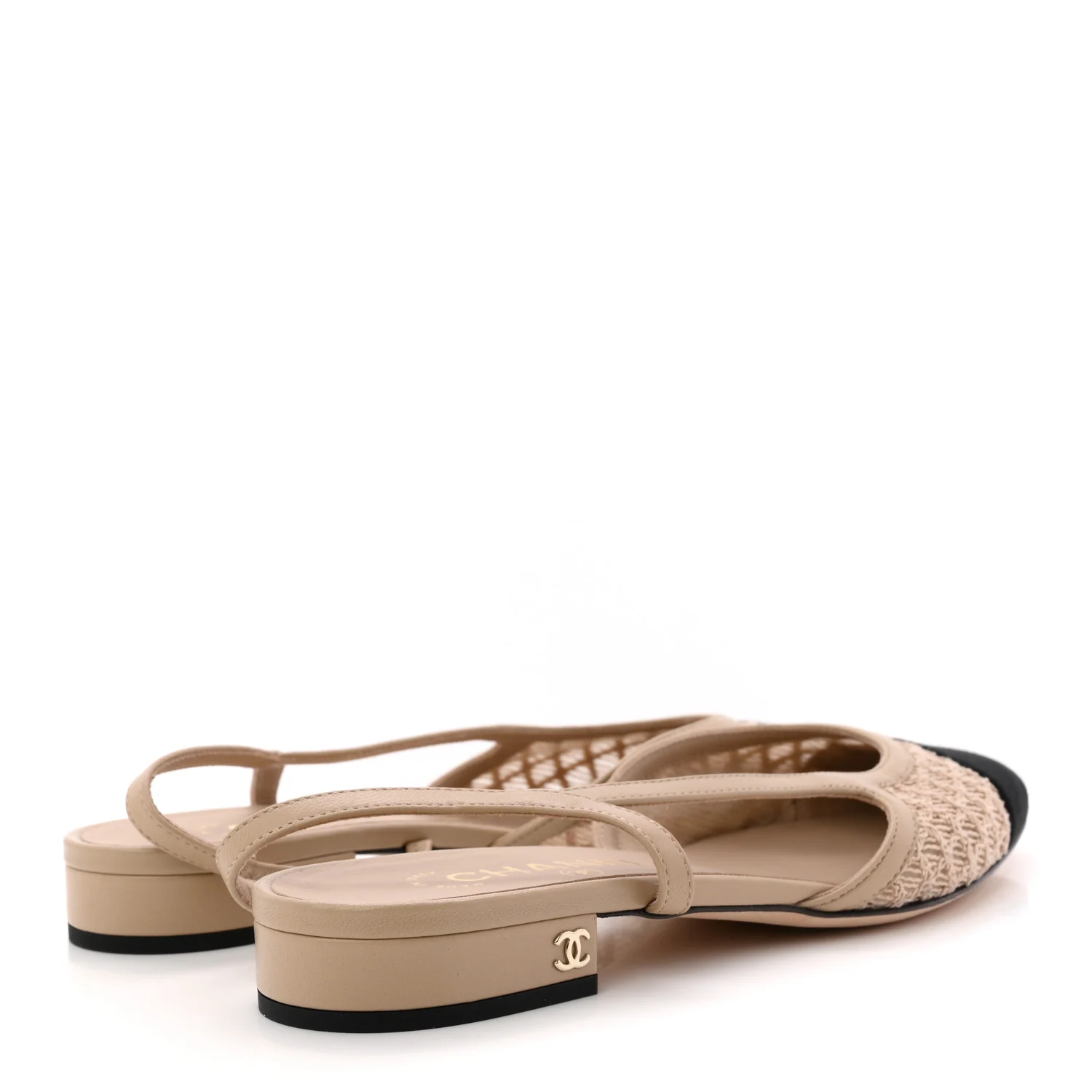 Embroidery Grosgrain Cap Toe CC Slingback Flats 38.5 Beige Black - Top Club
