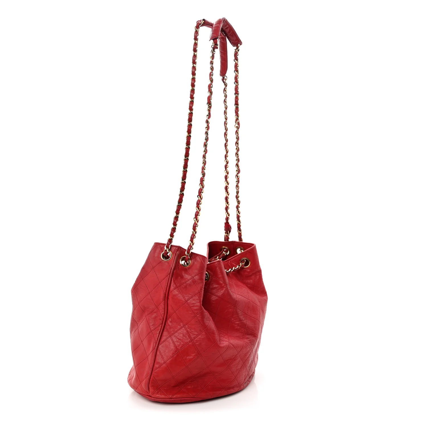 Lambskin Diamond Stitched CC Drawstring Shoulder Bag Red - Top Club