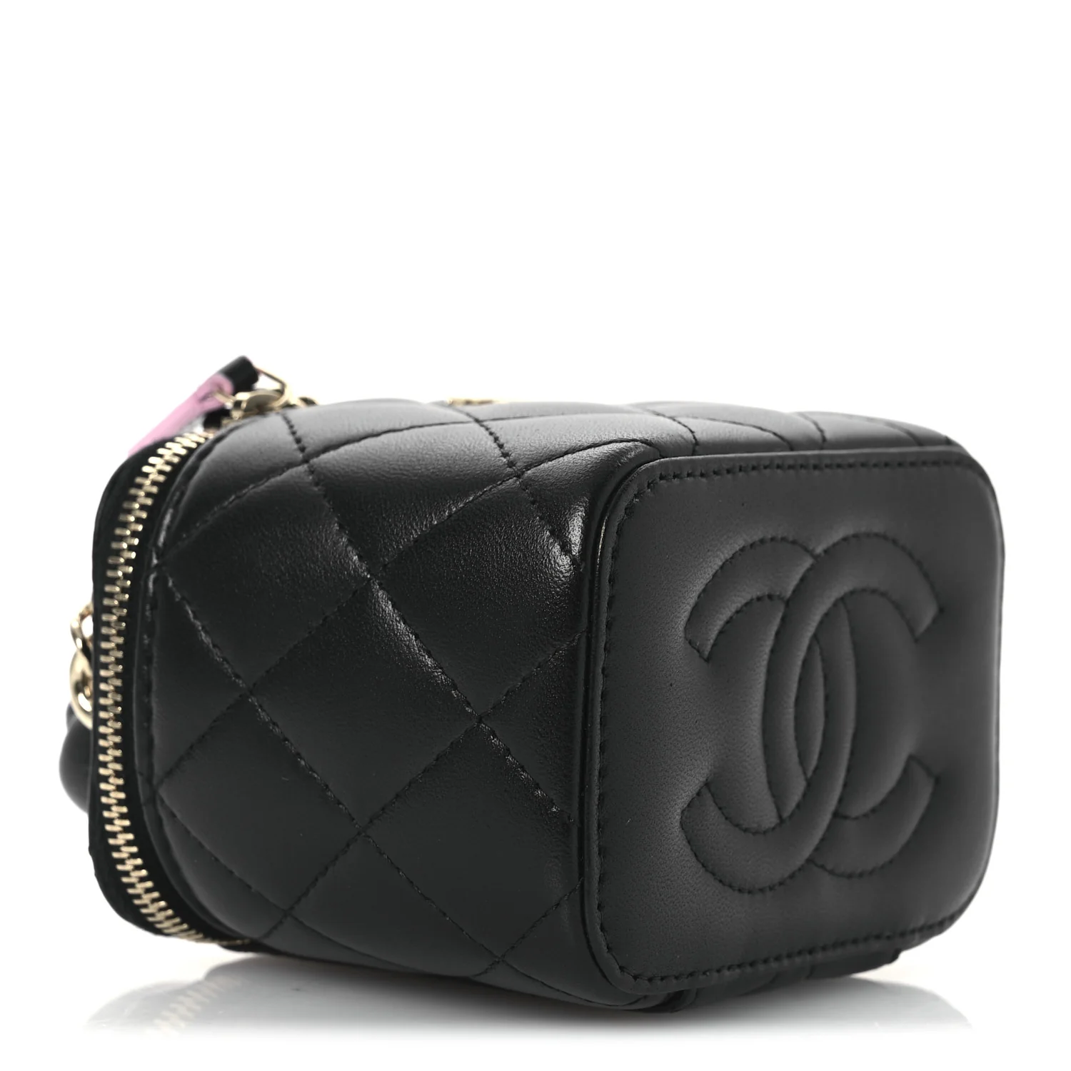 Lambskin Quilted Top Handle Mini Vanity Case With Chain Black Pink - Top Club