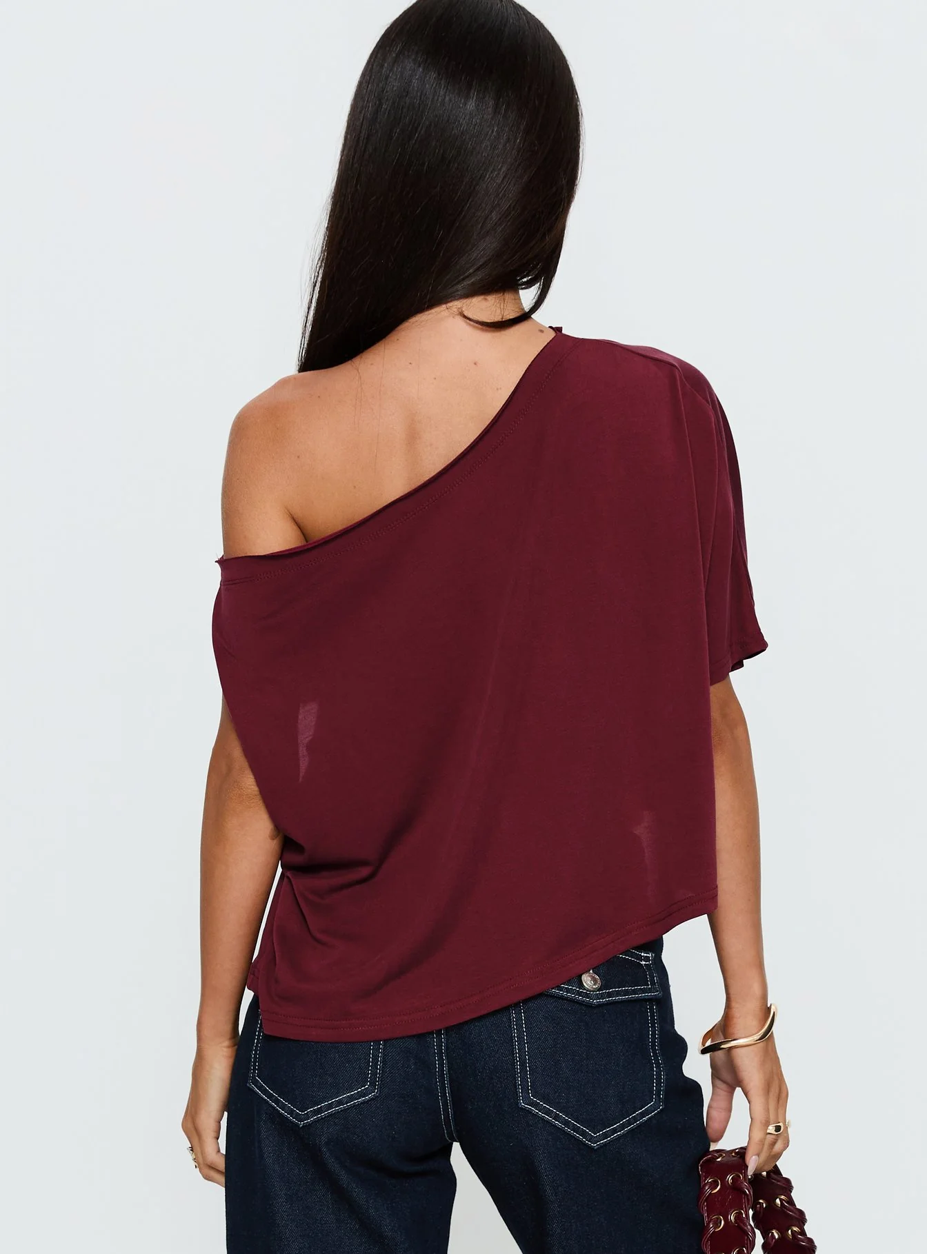 Passerby Asymmetrical Off Shoulder Top Burgundy