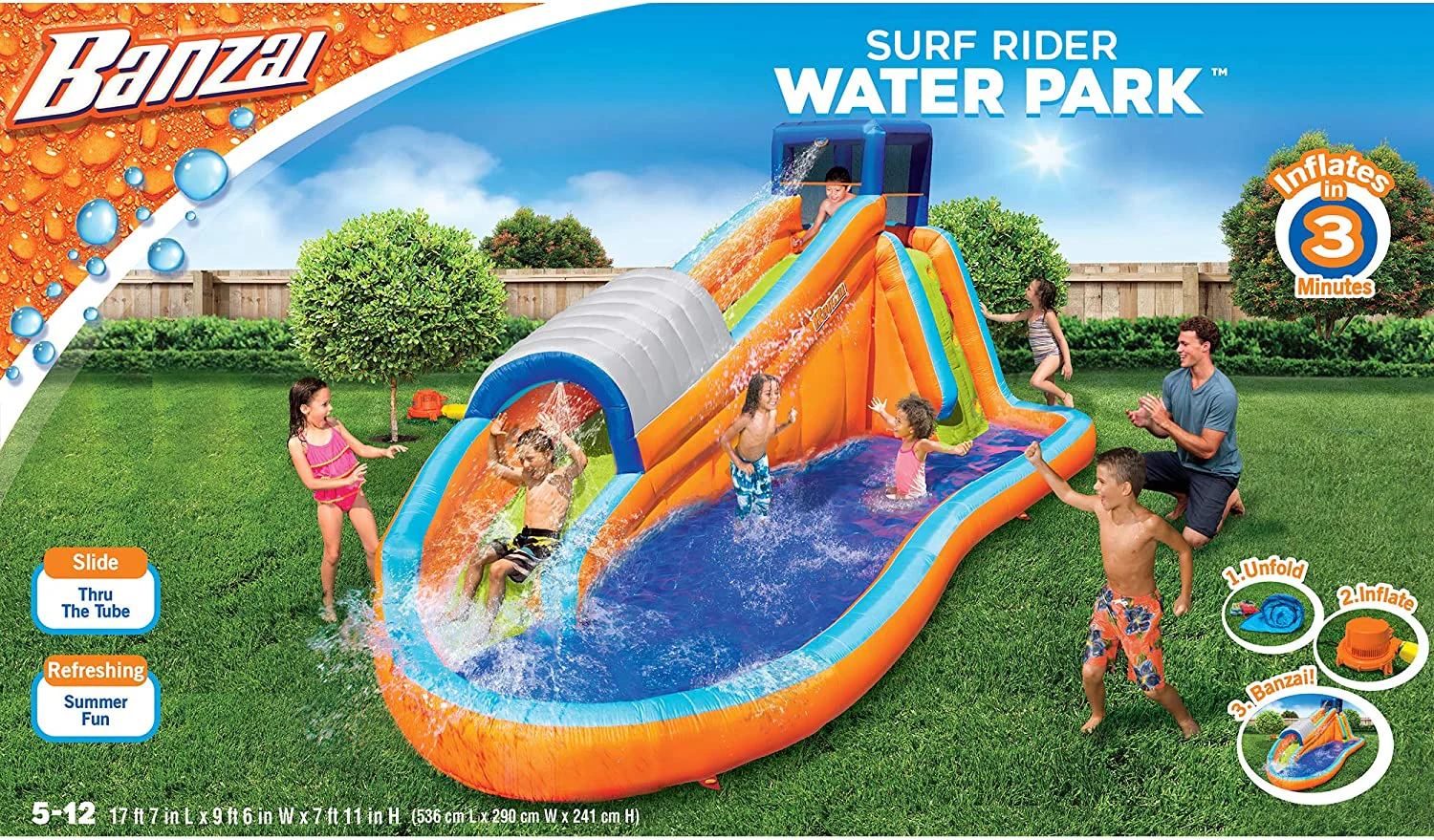 Banzai Surf Rider Backyard Kids Inflatable Aqua Water Slide Splash Park with Climbing Wall, Tunnel Slide and Lagoon Splash Pool for Kids Ages 5-12