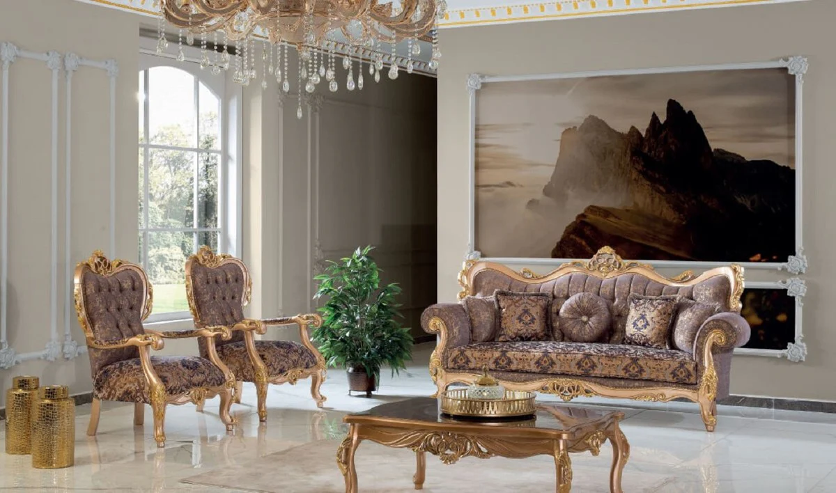 Luxury Baroque Living Room Set Purple / Gray / Gold - 2 Sofas & 2 Armchairs & 1 Coffee Table - Handcrafted Living Room Furniture in Baroque Style - Noble & Magnificent