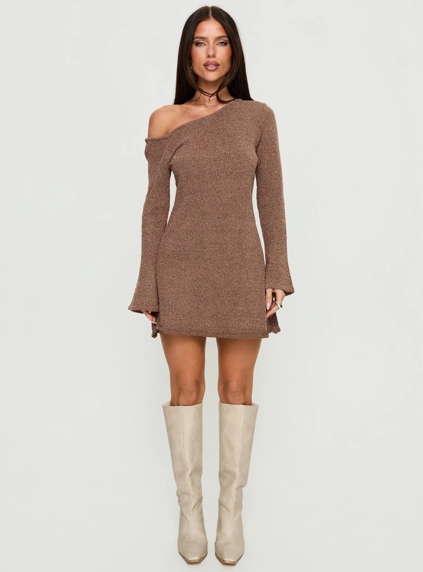 Jaede Off Shoulder Knit Mini Dress Mocha