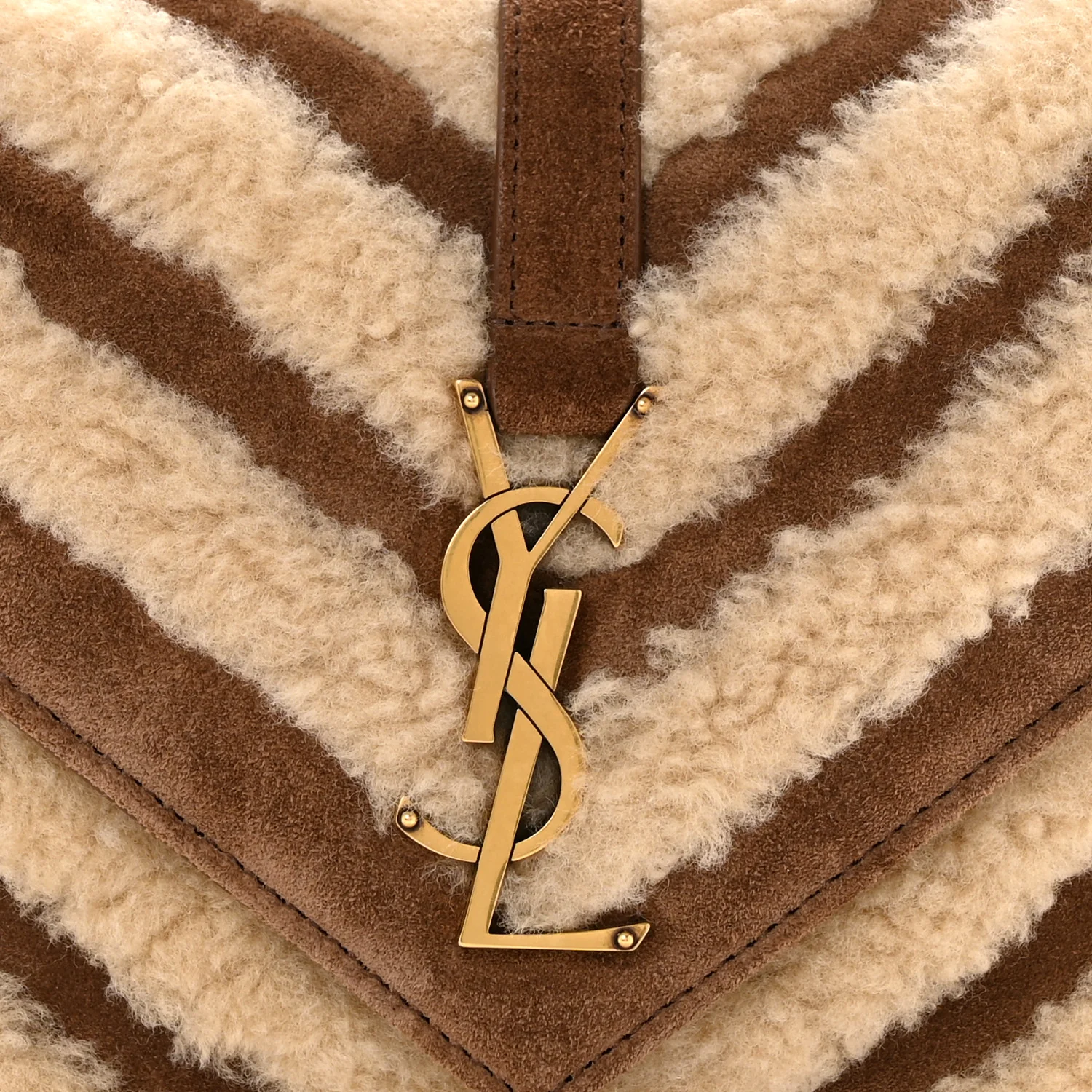 Nubuck Shearling Chevron Monogram Medium College Bag Dark Cigar Natural Beige - Top Club