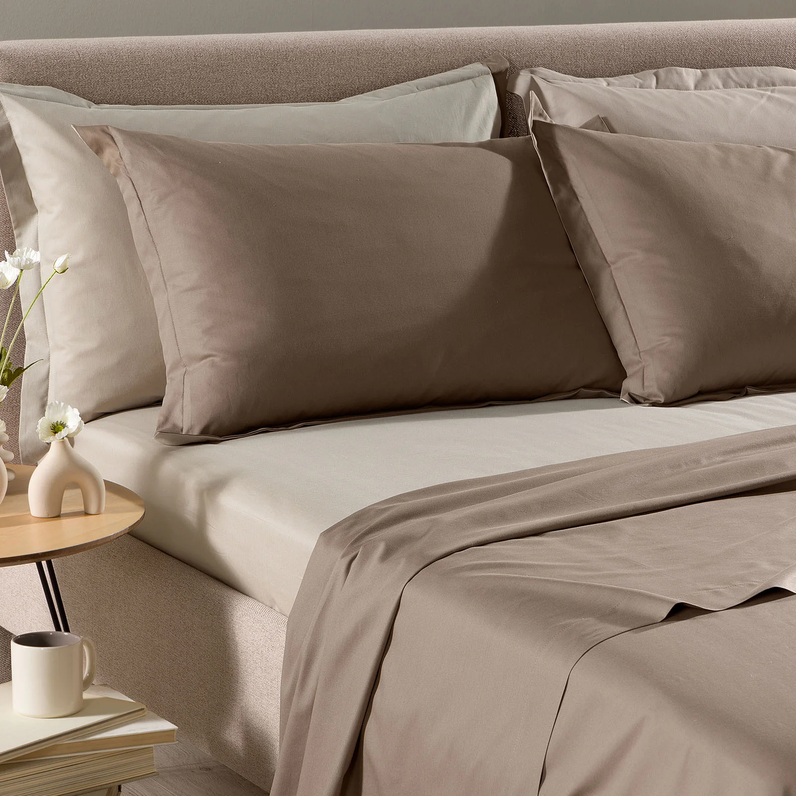 Completo Lenzuola In Cotone Vita Double Matrimoniale Tortora Primanatura