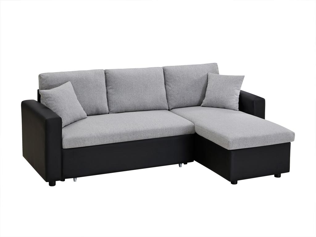 Sofá cama rinconera reversible de tela gris y piel sintética negra