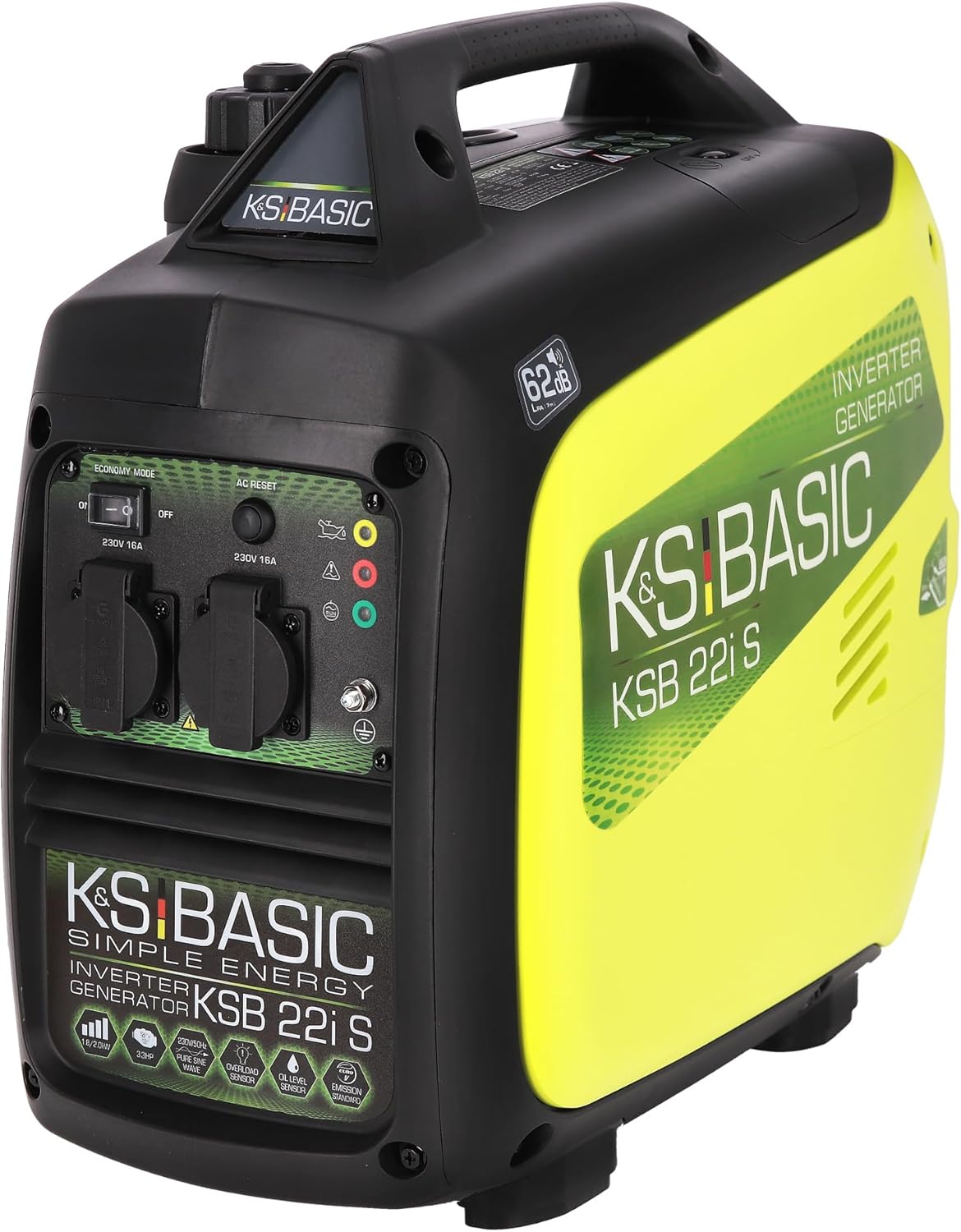 K&S BASIC Generatore inverter 2000 W 4 Tempi Portatile Benzina Silenzioso per Campeggio Camper Pesca Caravan con Modalità Eco, 2x230 V Prese, Rame, Compatto Silenzioso Leggero, KSB 22i S
