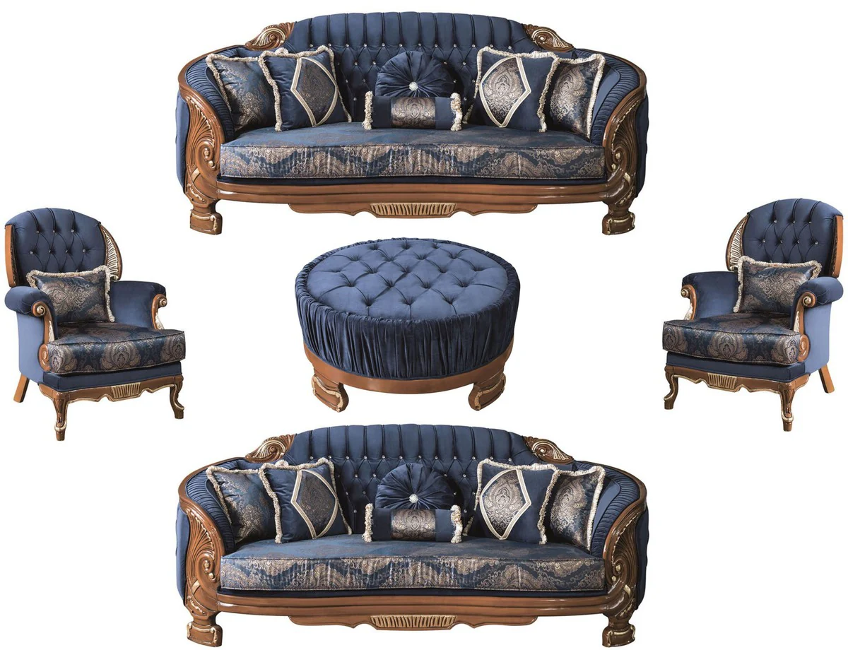 Luxury baroque living room set blue / brown - 2 sofas & 2 armchairs & 1 coffee table - magnificent living room furniture in baroque style
