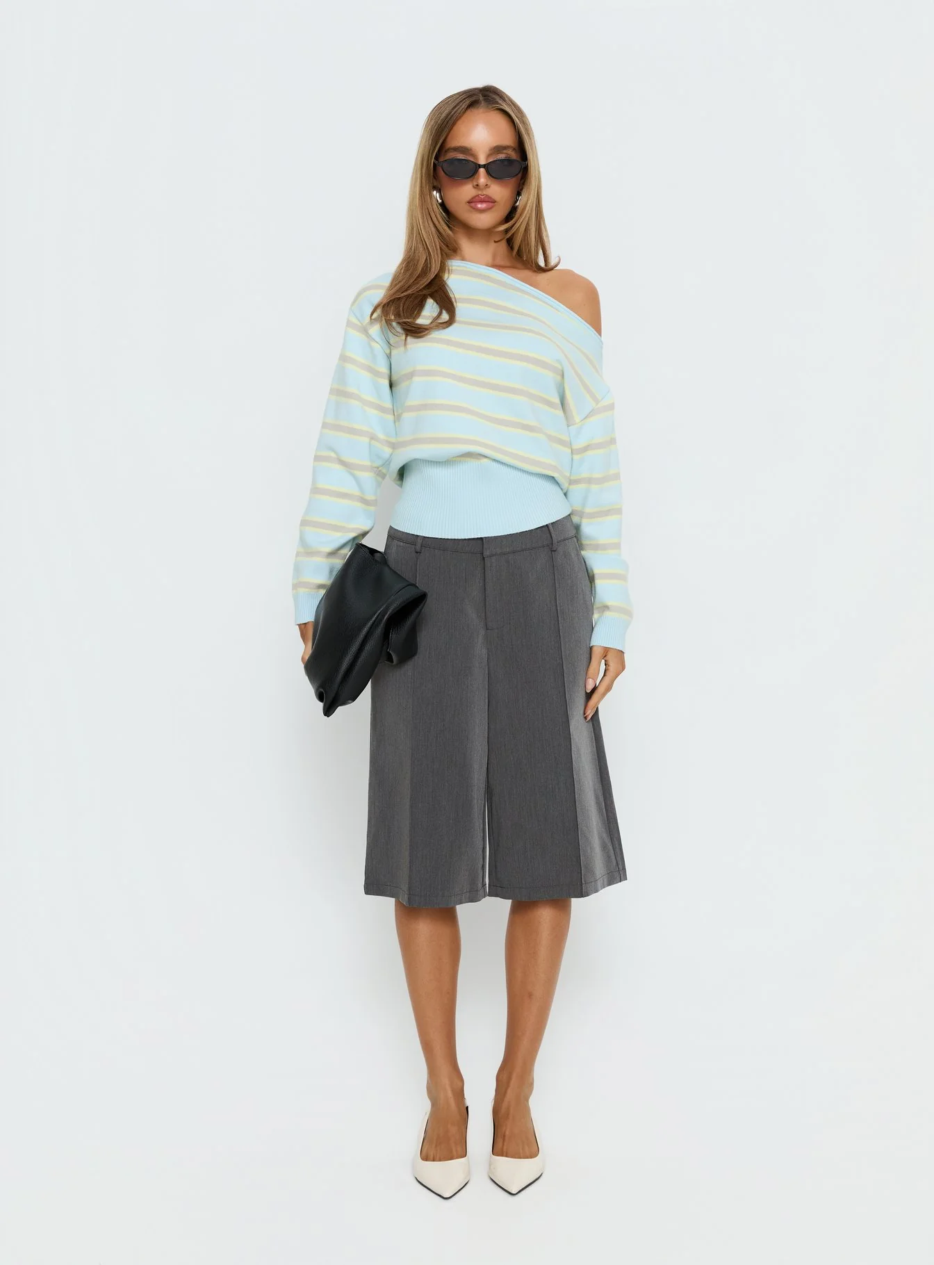 Zinia Off Shoulder Knit Sweater Grey / Blue Stripe