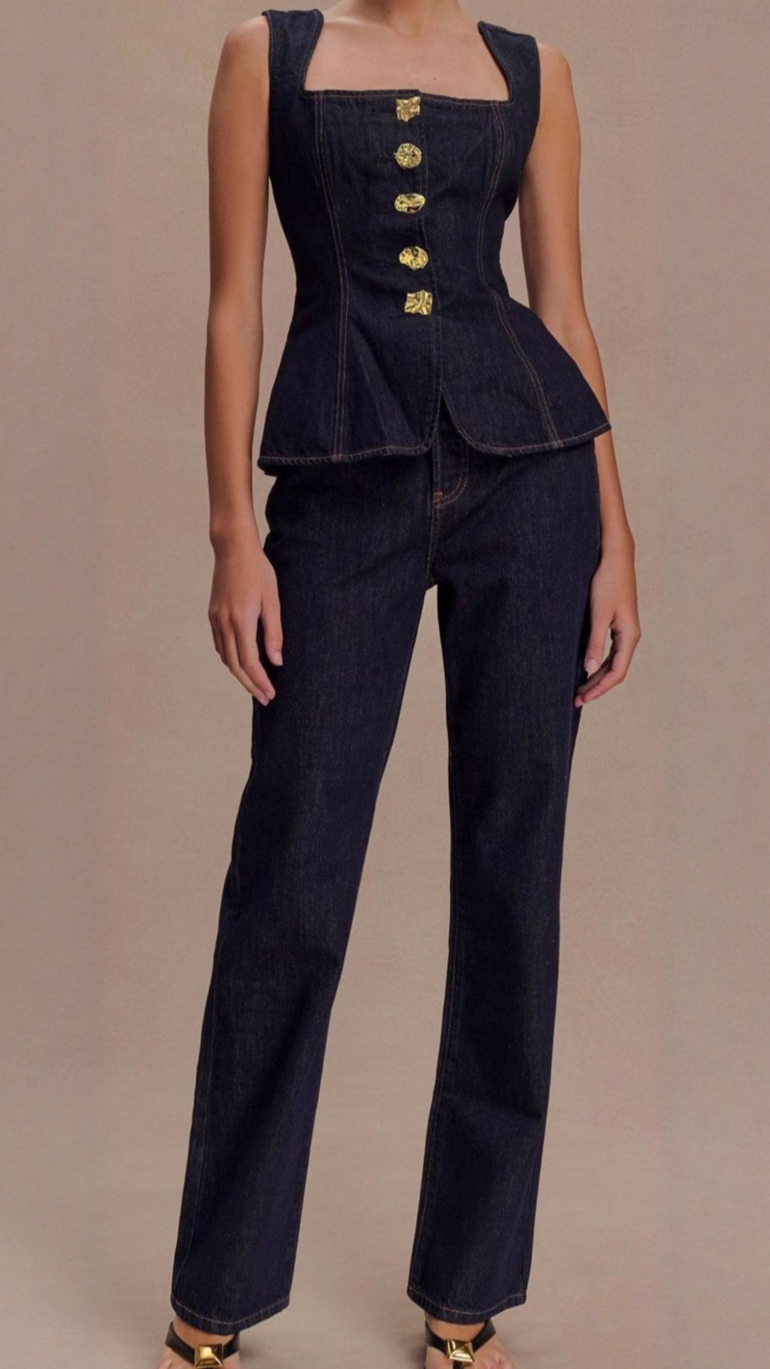 Women's Denim Square-Neck Fitted Waist Vest & Straight-Leg Pants Set - Nordfashionstorm - Women's Clothing, Fashion for You - Nordfashionstorm.com