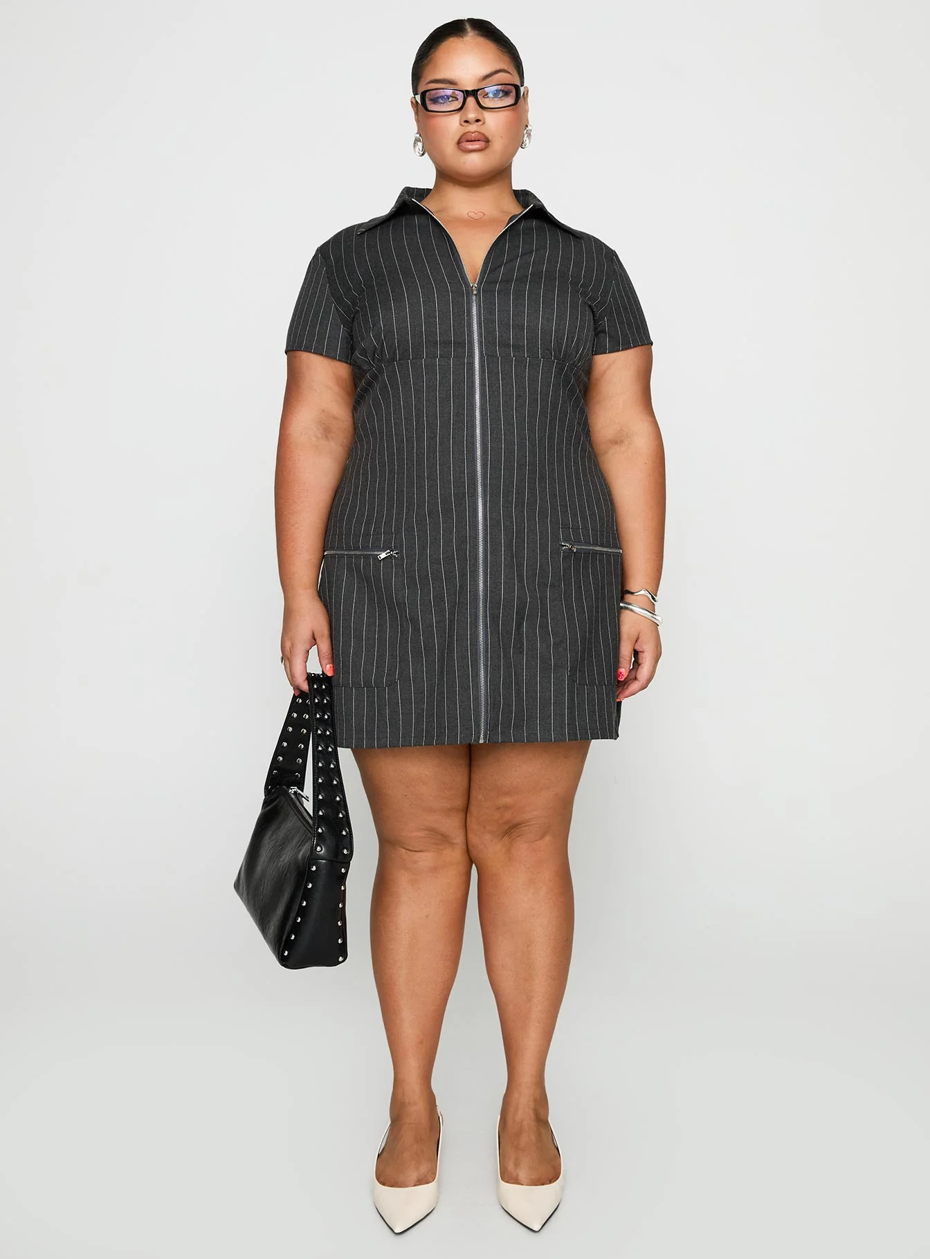 Wynona Mini Dress White / Grey Pinstripe Curve