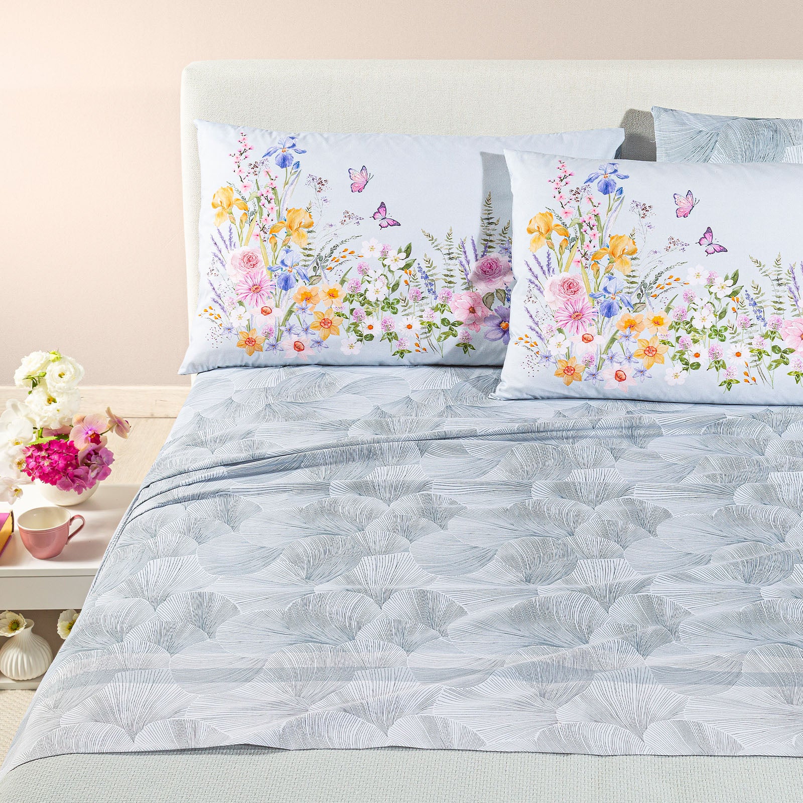 Completo Lenzuola In Cotone Yasmine Francese 2 Federe Grigio Caleffi