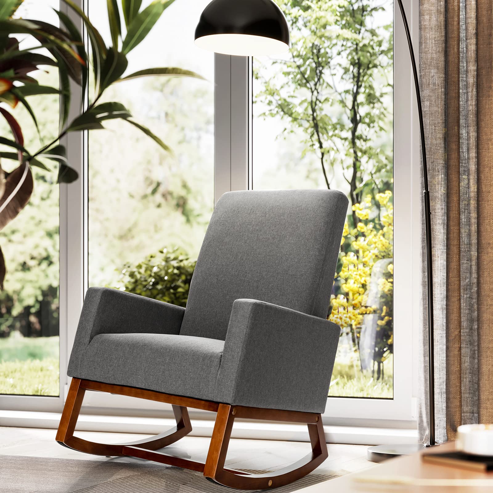 BEFOUNDLOVELY Rocking Chair, High Back Upholstered Lounge Armchair w/Side Pocket