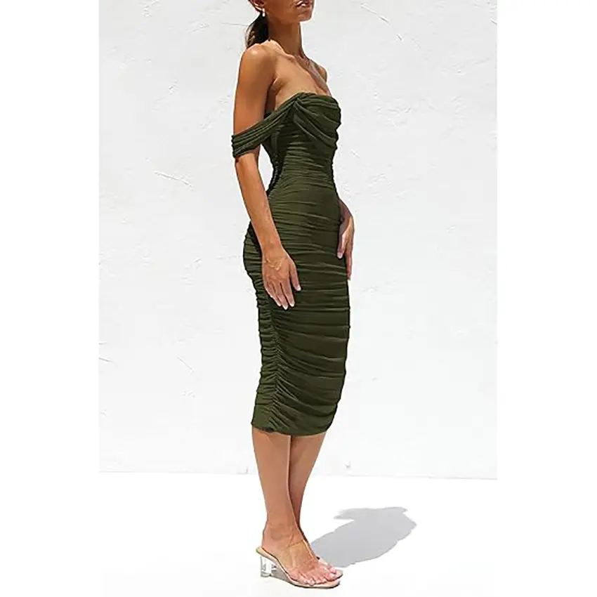 PrettyGarden Women's Summer Midi Dress Off Shoulder Ruched Bodycon Dresses Sleeveless Fitted Party Club Cocktail Womenswear