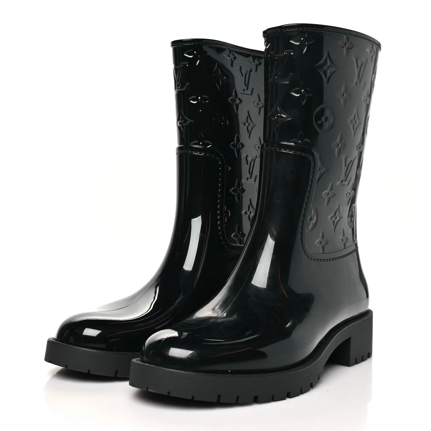 Rubber Embossed Monogram Splash Rain Short Boots 38 Black - Top Club
