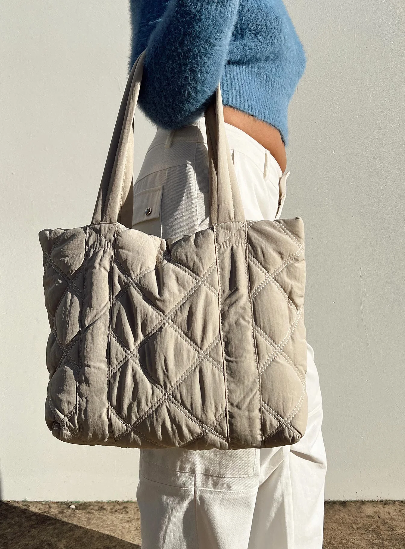 Jovie Nylon Quilted Tote Beige