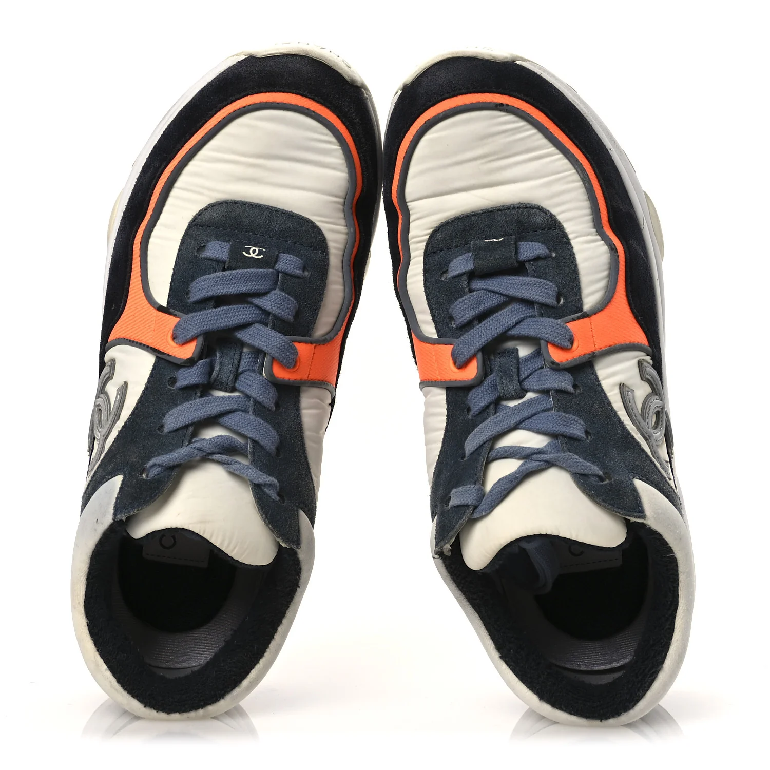 Nylon Calfskin Suede CC Womens Sneakers 35.5 Navy White Orange Black