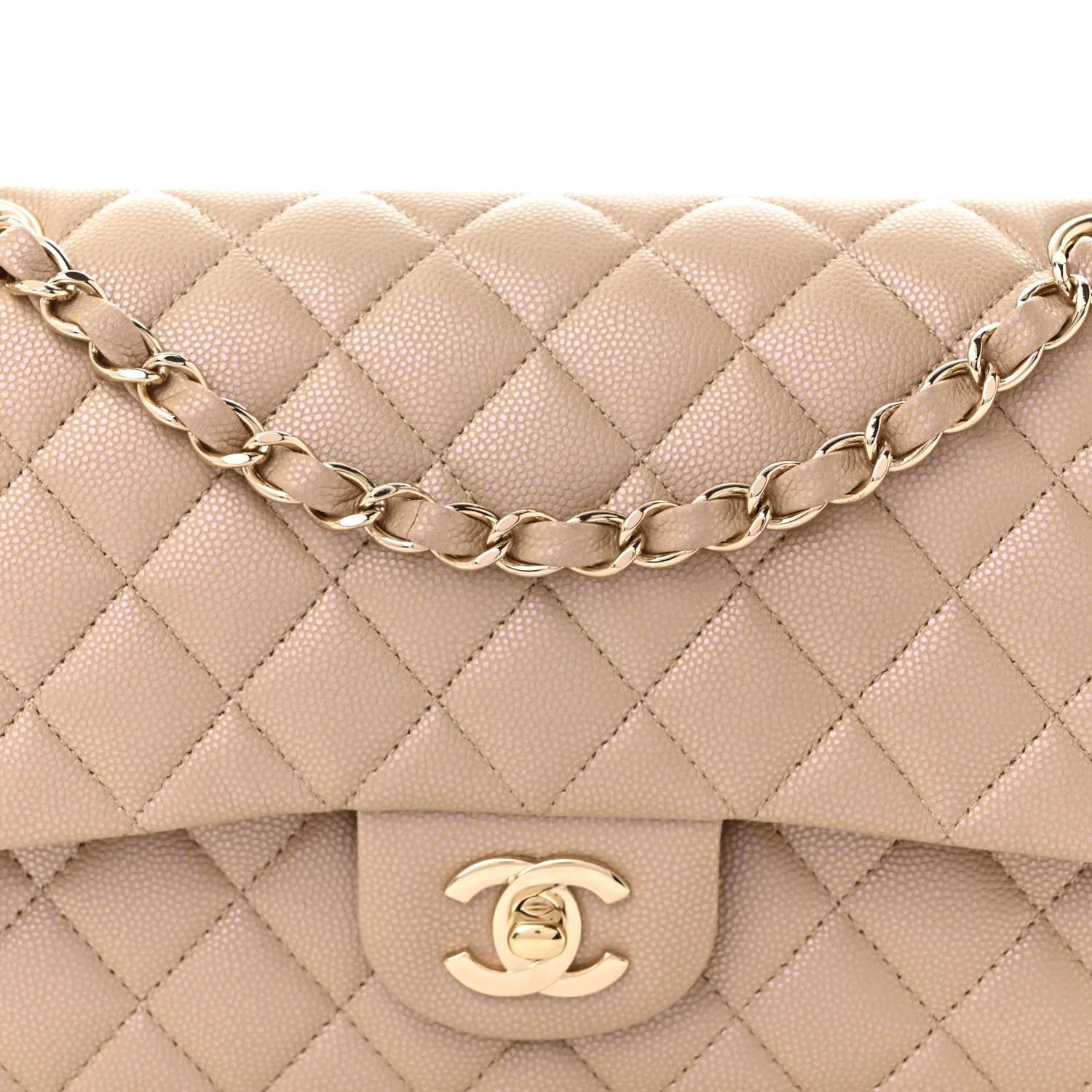 Iridescent Caviar Quilted Medium Double Flap Dark Beige - Top Club