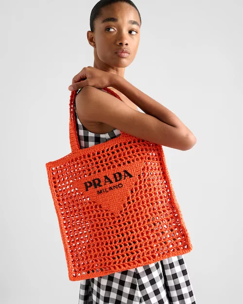 Prada Women's Natural Crochet Tote Bag-Orange - Top Club