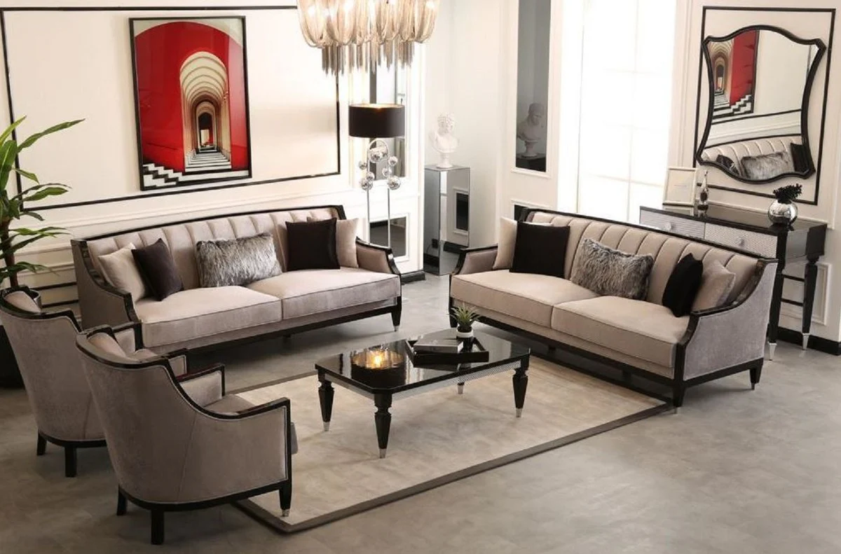 Luxury Baroque Living Room Set Gray / Black / Silver - 2 Baroque Sofas & 2 Baroque Armchairs & 1 Baroque Coffee Table - Handcrafted Living Room Furniture in Baroque Style - Noble & Magnificent